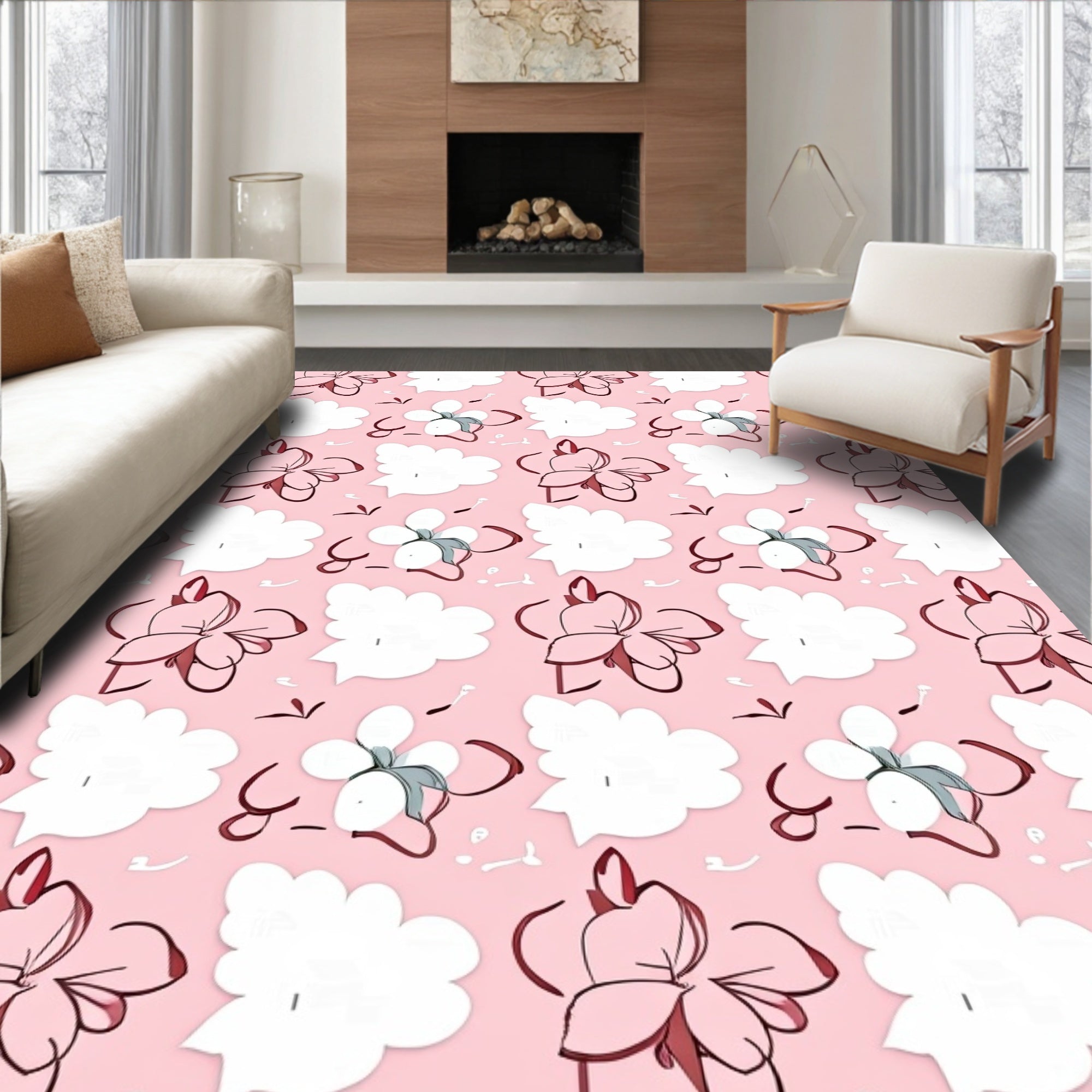 Whimsical Pink Flower Cloud Pattern Rug