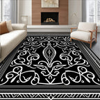 Ornate Black White Scrollwork Rug