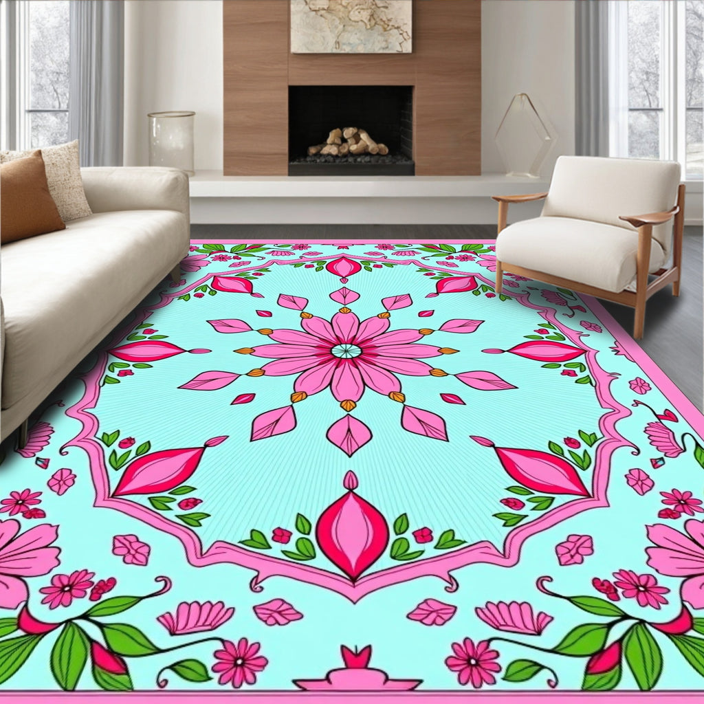 Pink Floral Medallion Mint Backdrop Rug