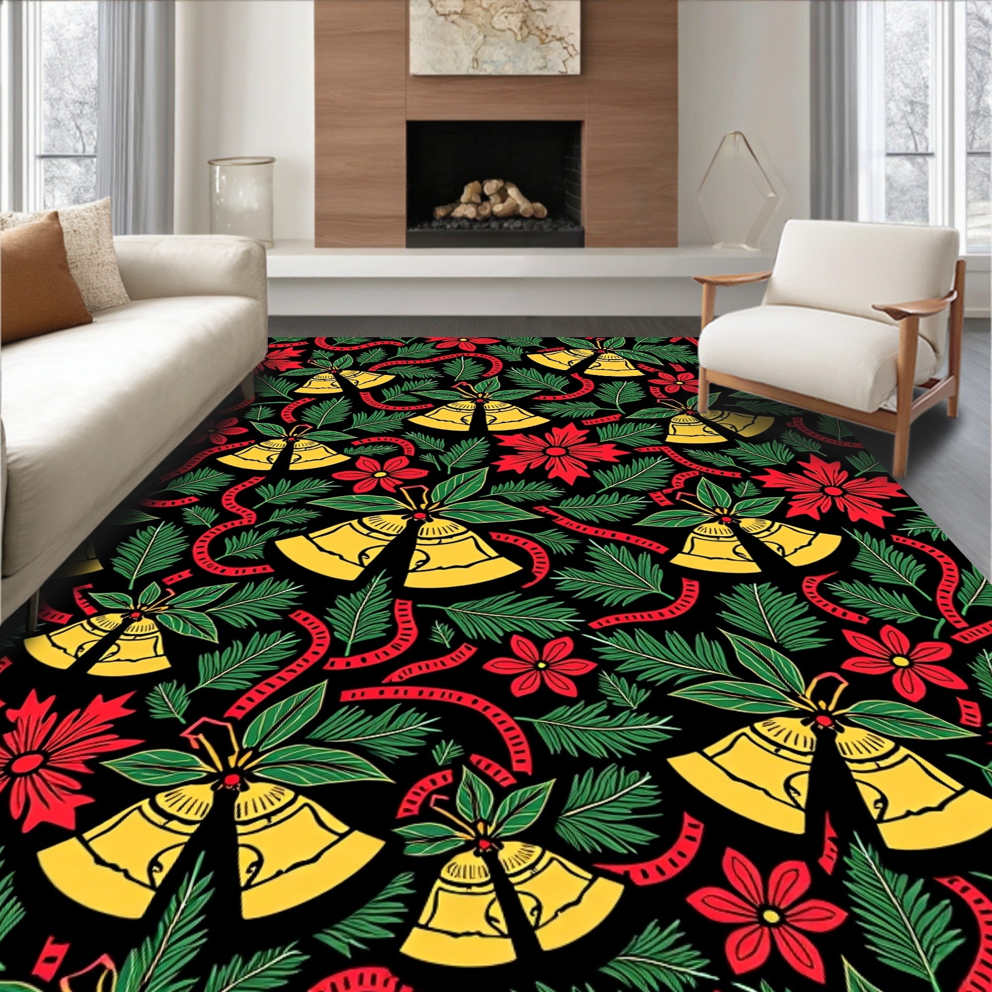 Holiday Bells Red Ribbon Firs Rug
