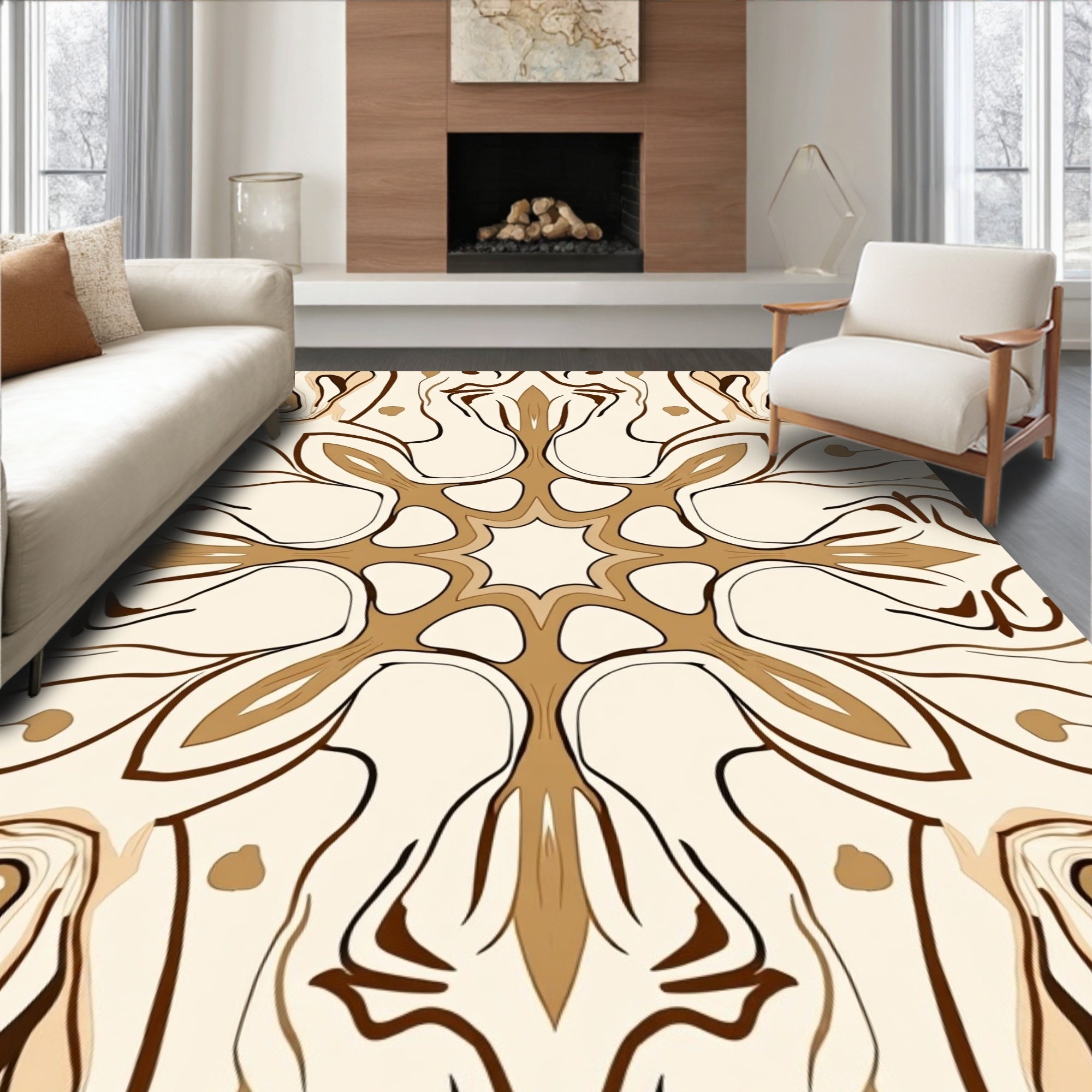 Symmetrical Brown And Beige Floral Design Rug