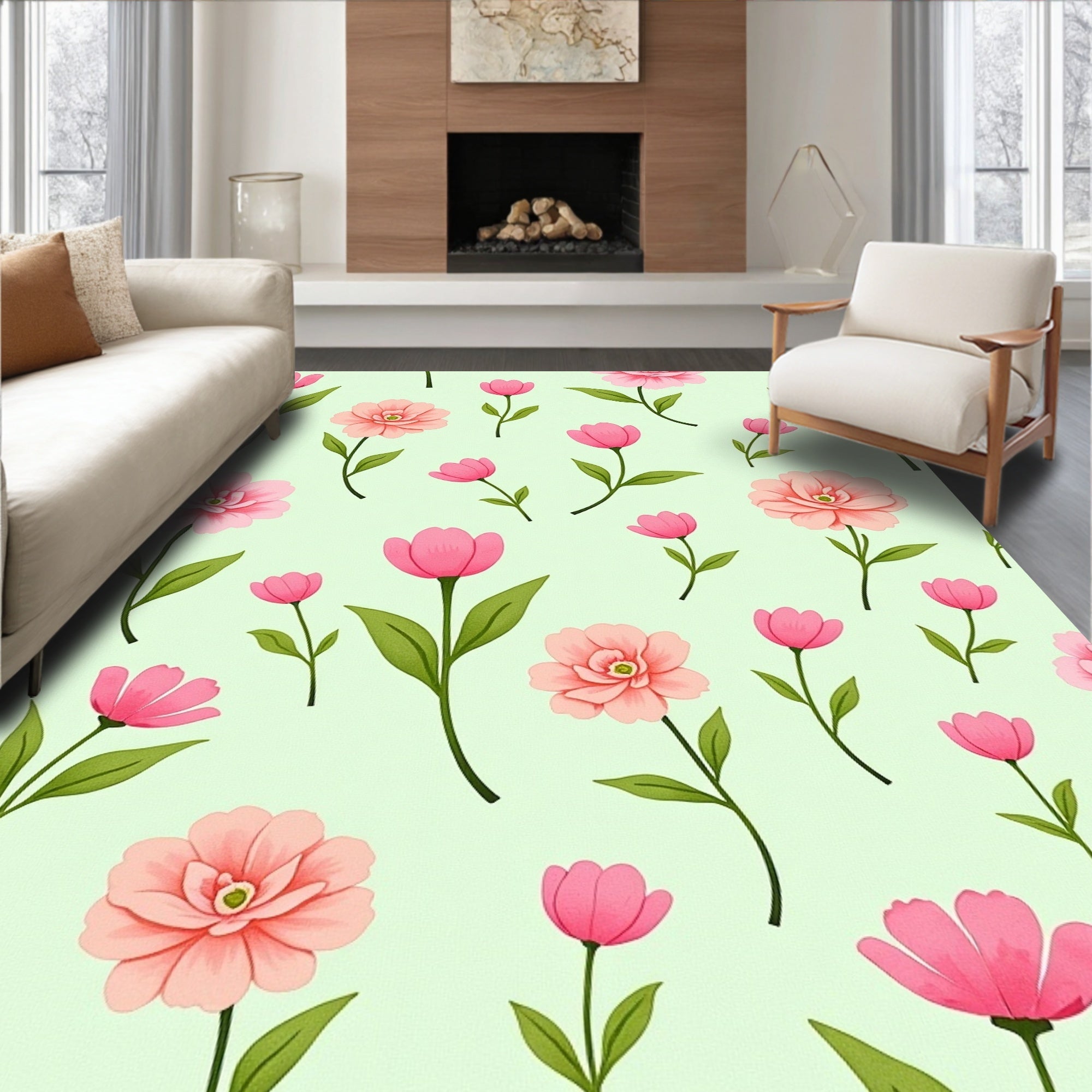 Pink White Floral Spring Pattern Rug
