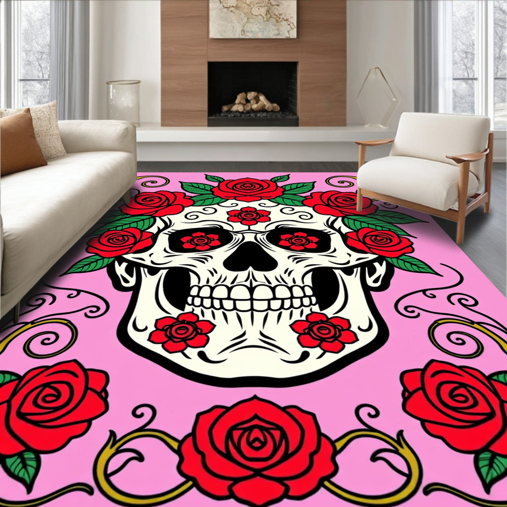 Skull Rose Floral Design Rug