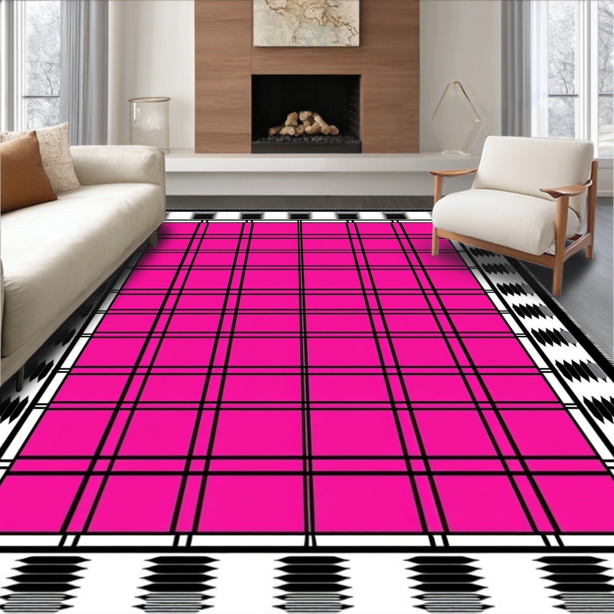 Hot Pink Black Plaid Border Rug
