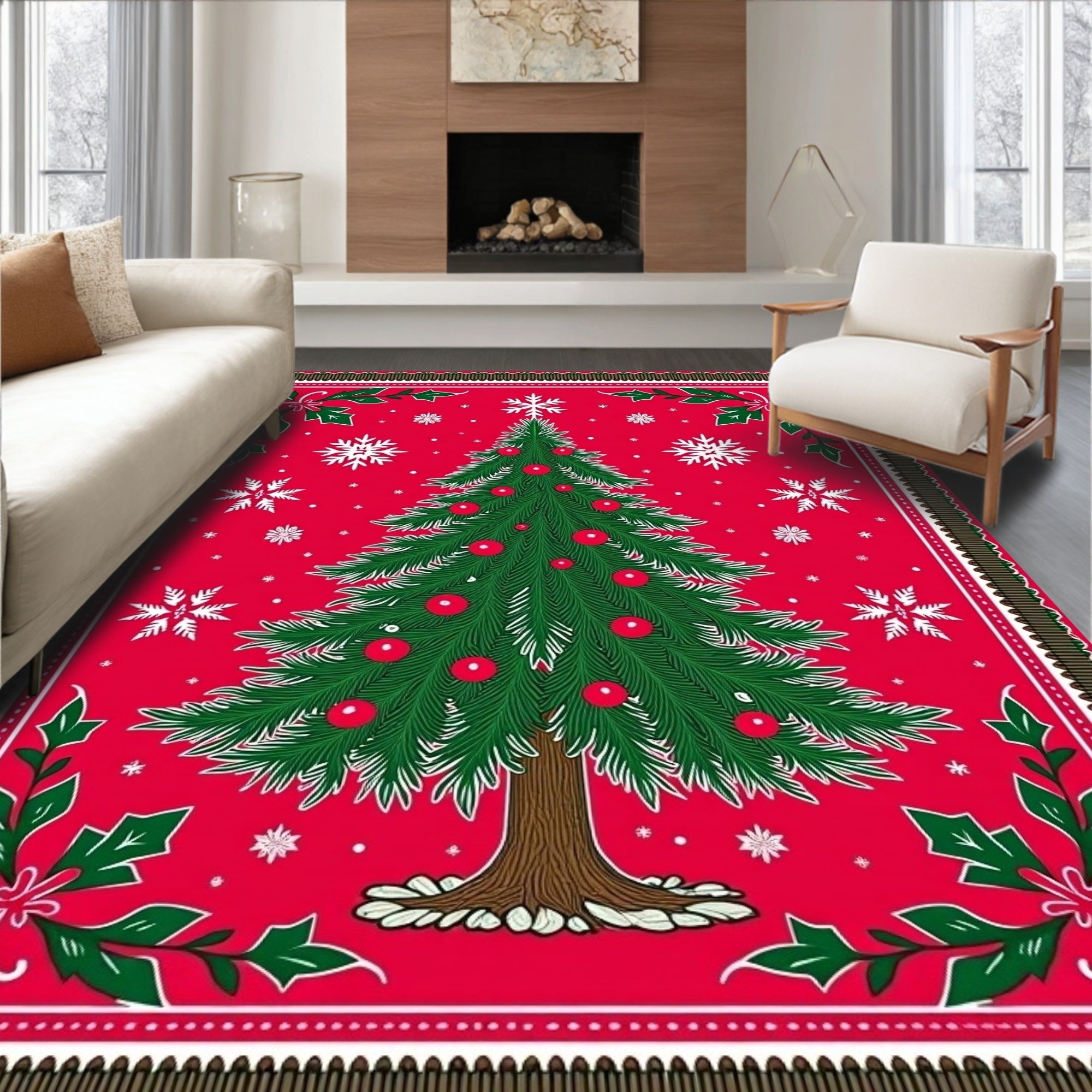 Festive Christmas Tree Snowflake Design Rug