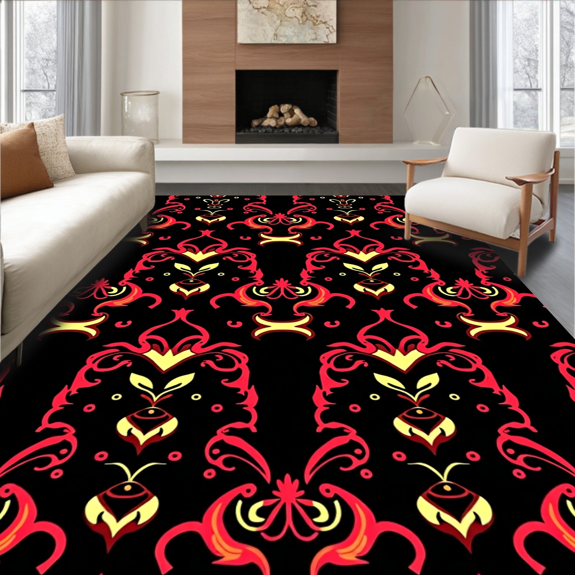 Black Red Ornate Floral Pattern Rug