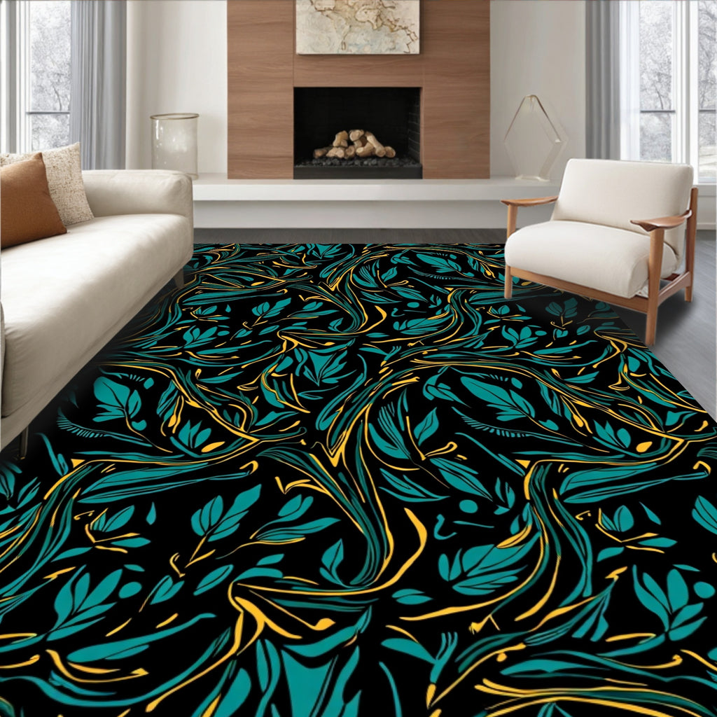 Teal and Gold Swirling Foliage Rug