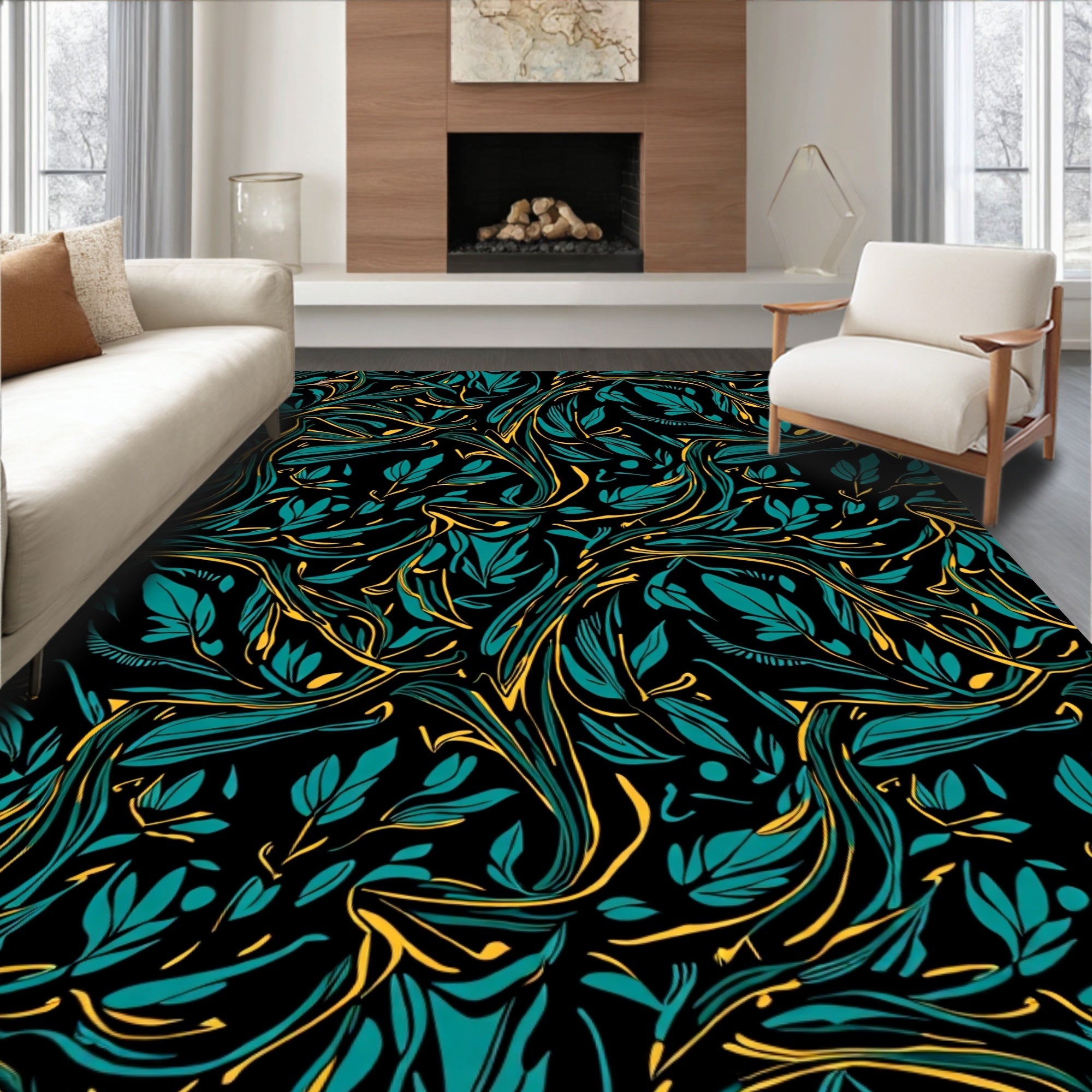 Teal and Gold Swirling Foliage Rug