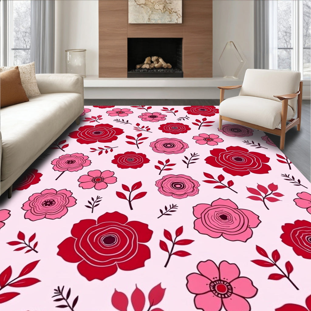 Bold Red Pink Flower Pattern Rug