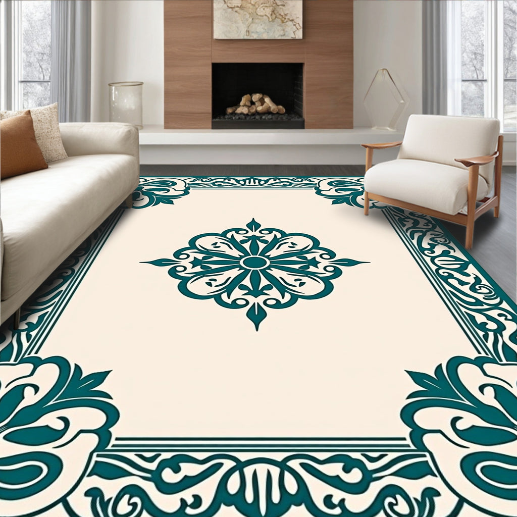 Ornate Teal Mandala Geometric Pattern Rug