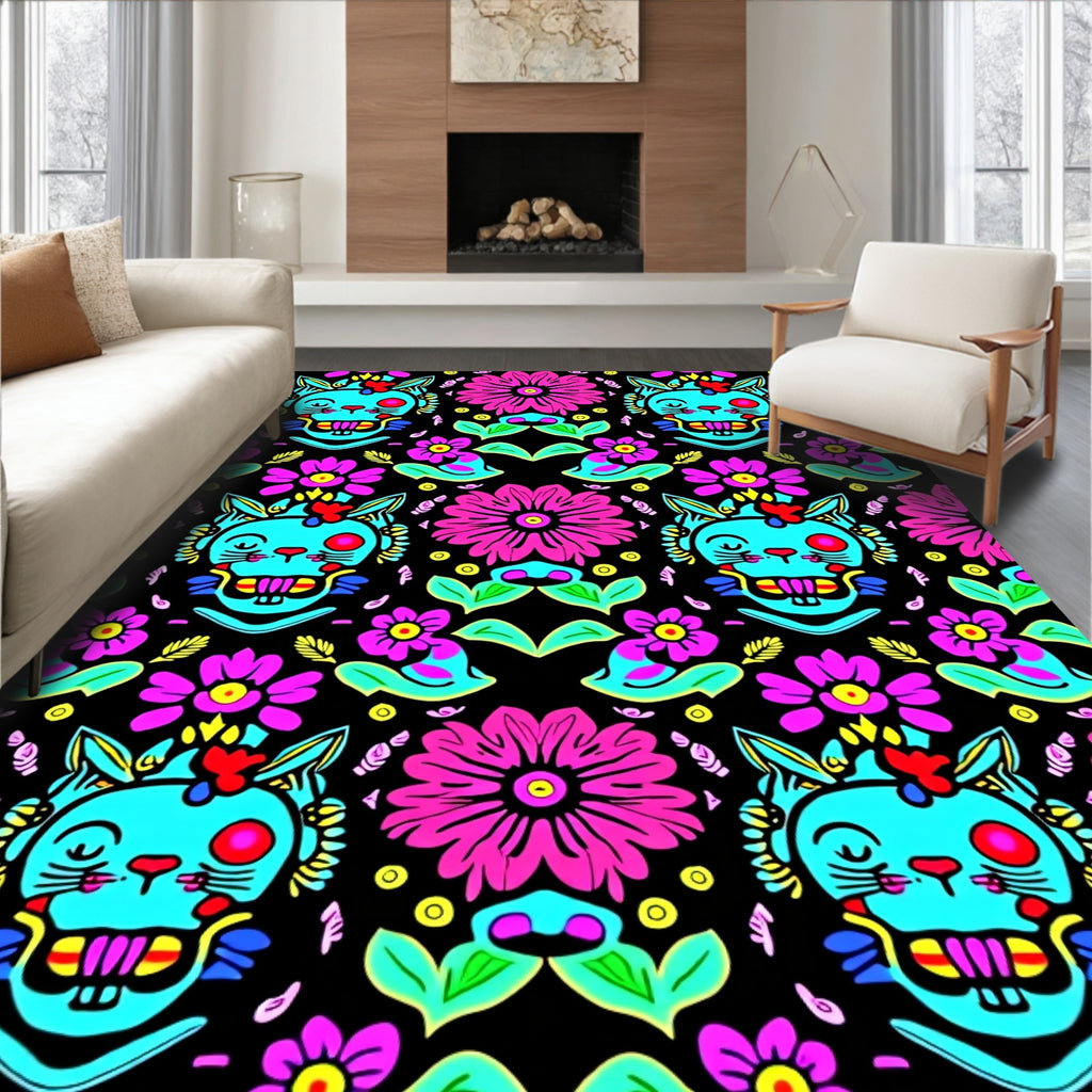 Vibrant Cat Floral Pattern Design Rug