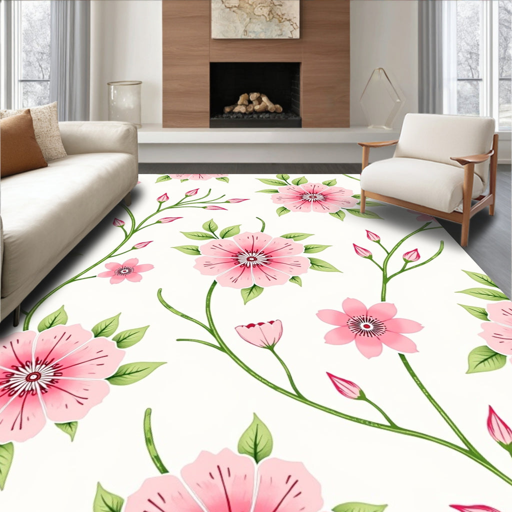 Whimsical Pink Floral Vine Pattern Rug