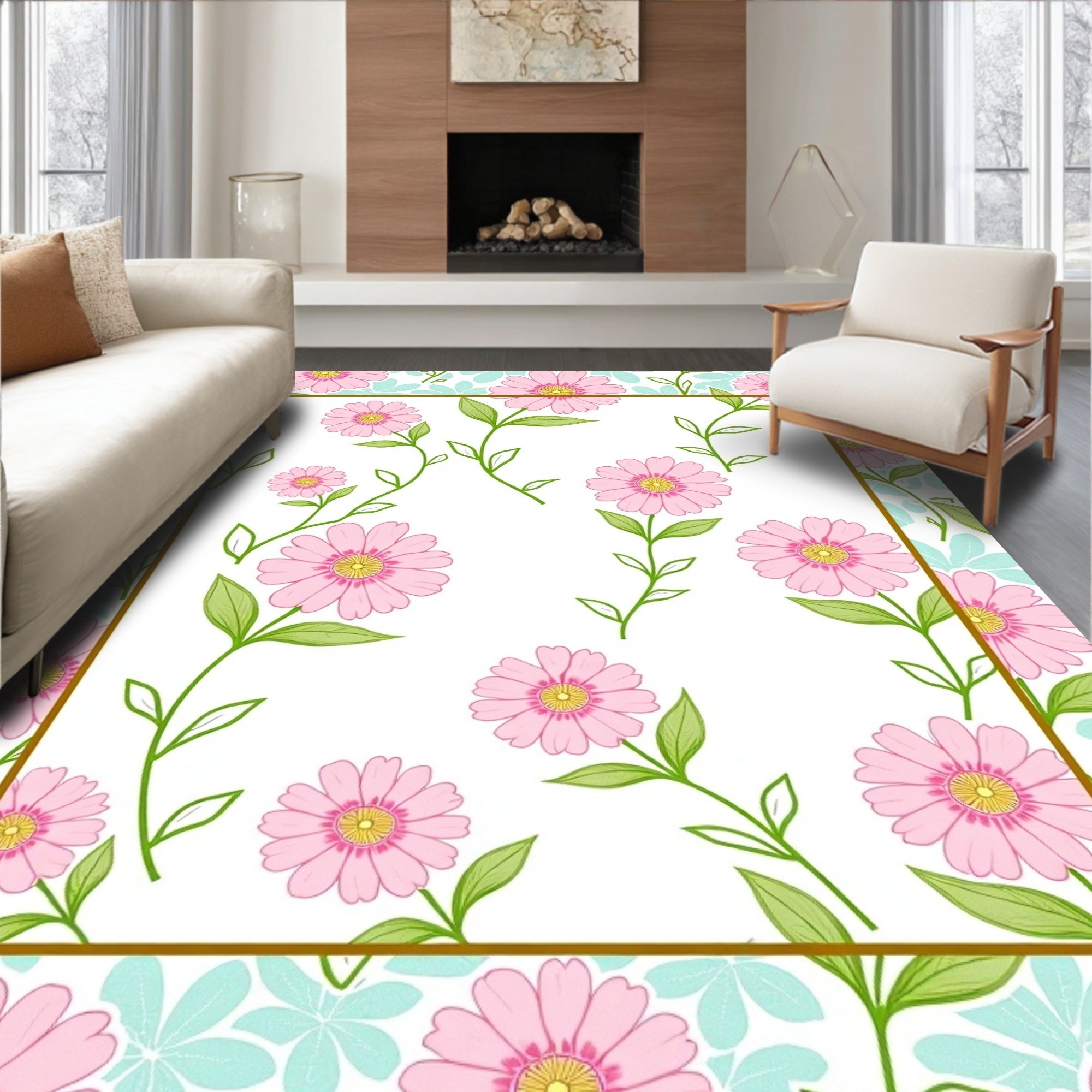 Pink Daisy Floral Pattern Rug