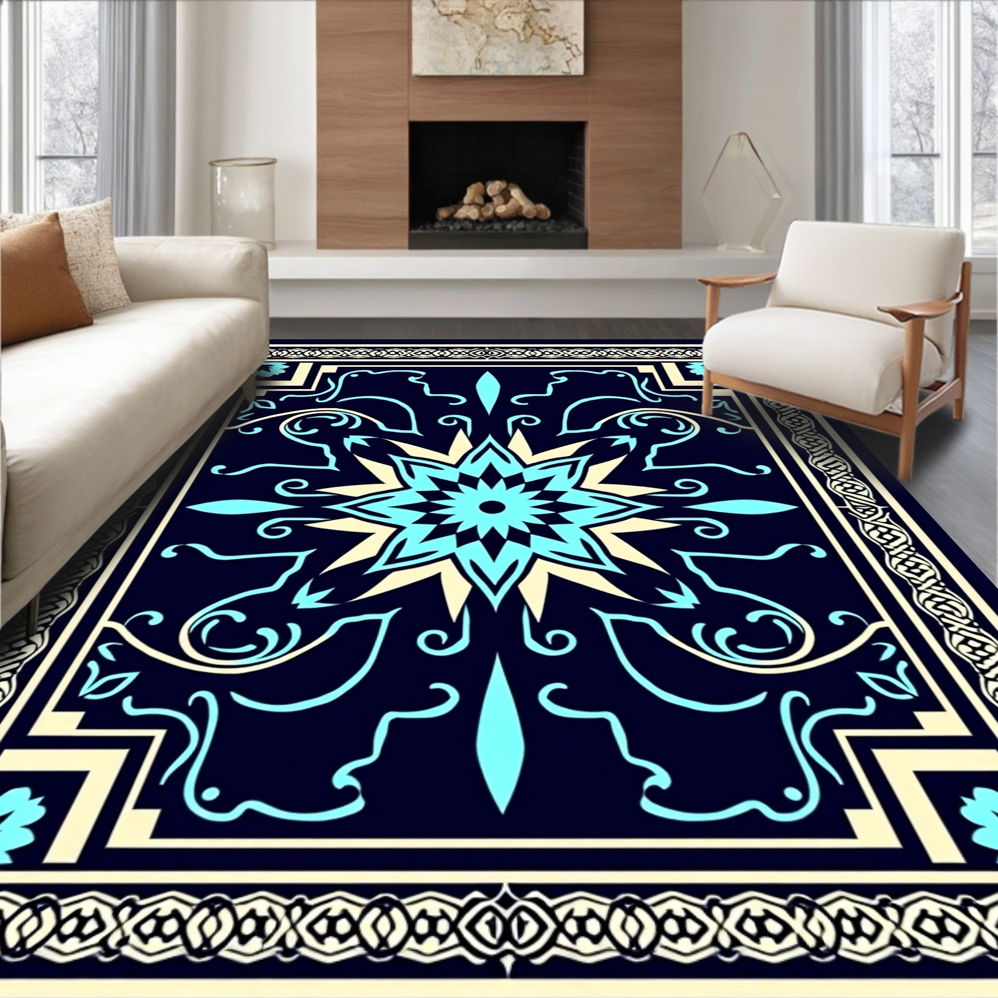 Elegant Floral And Geometric Border Rug