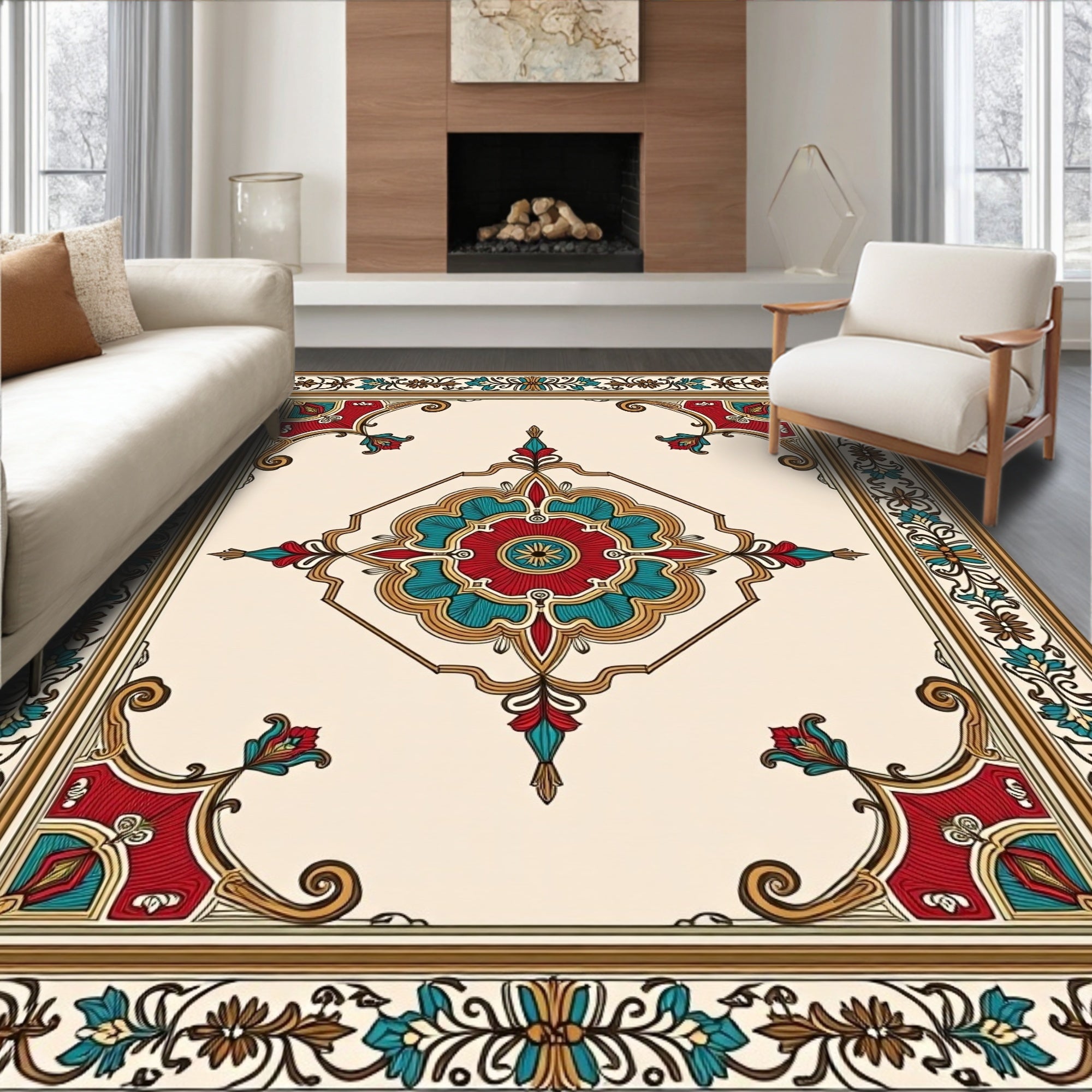 Ornate Floral Medallion Symmetry Design Rug