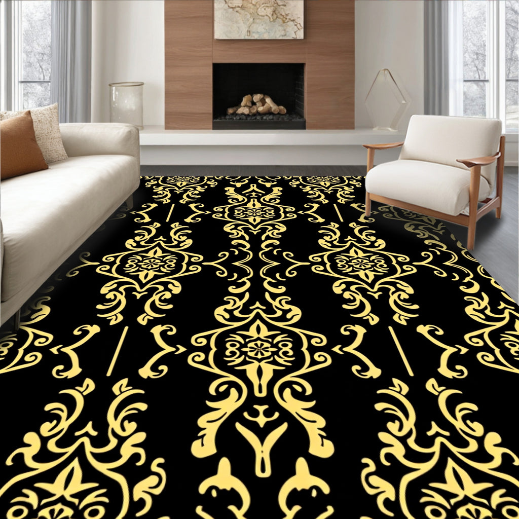 Black Gold Ornate Damask Pattern Rug