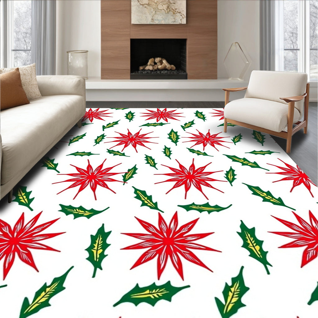 Red Starburst Green Leaf Pattern Rug