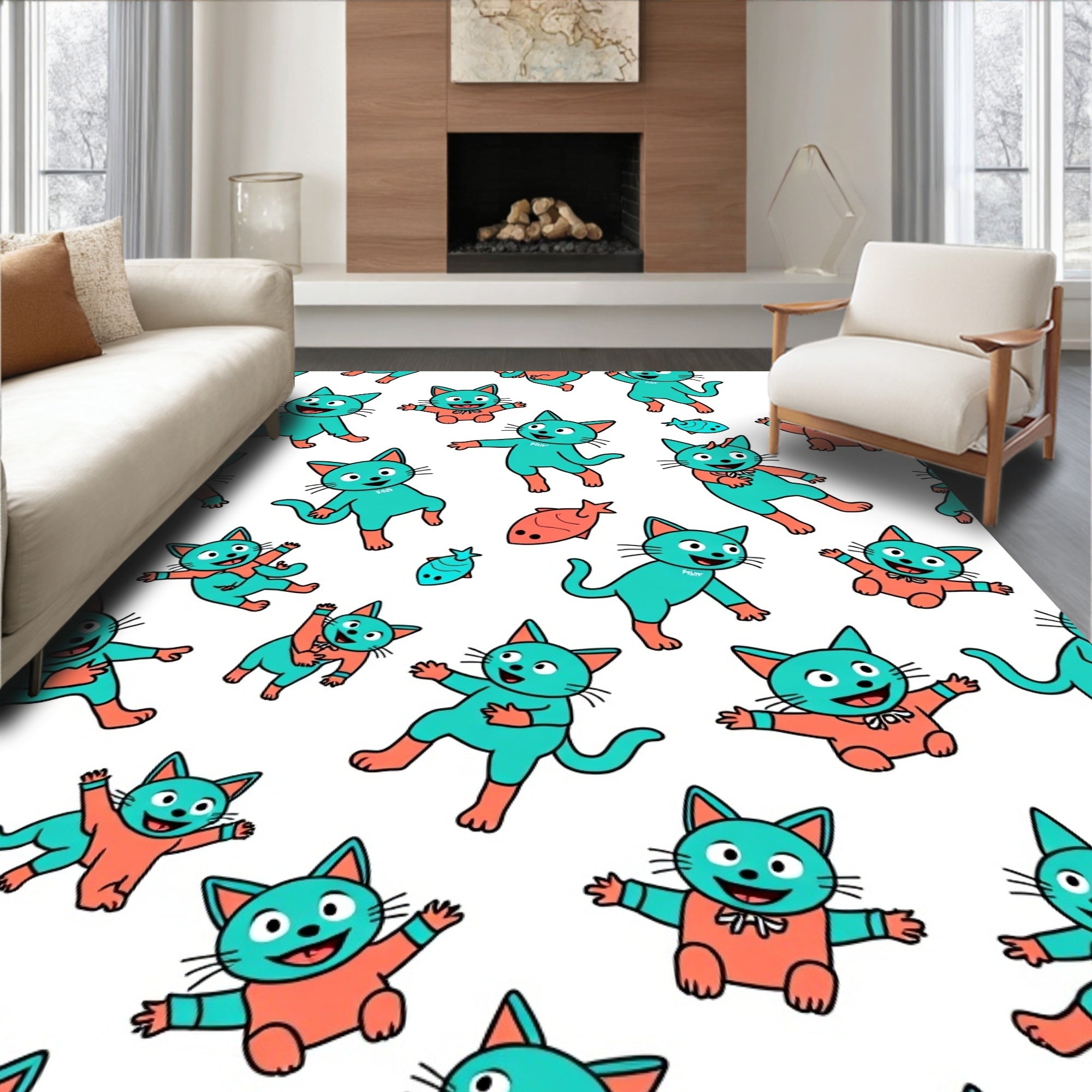 Playful Teal Coral Cat Pattern Rug