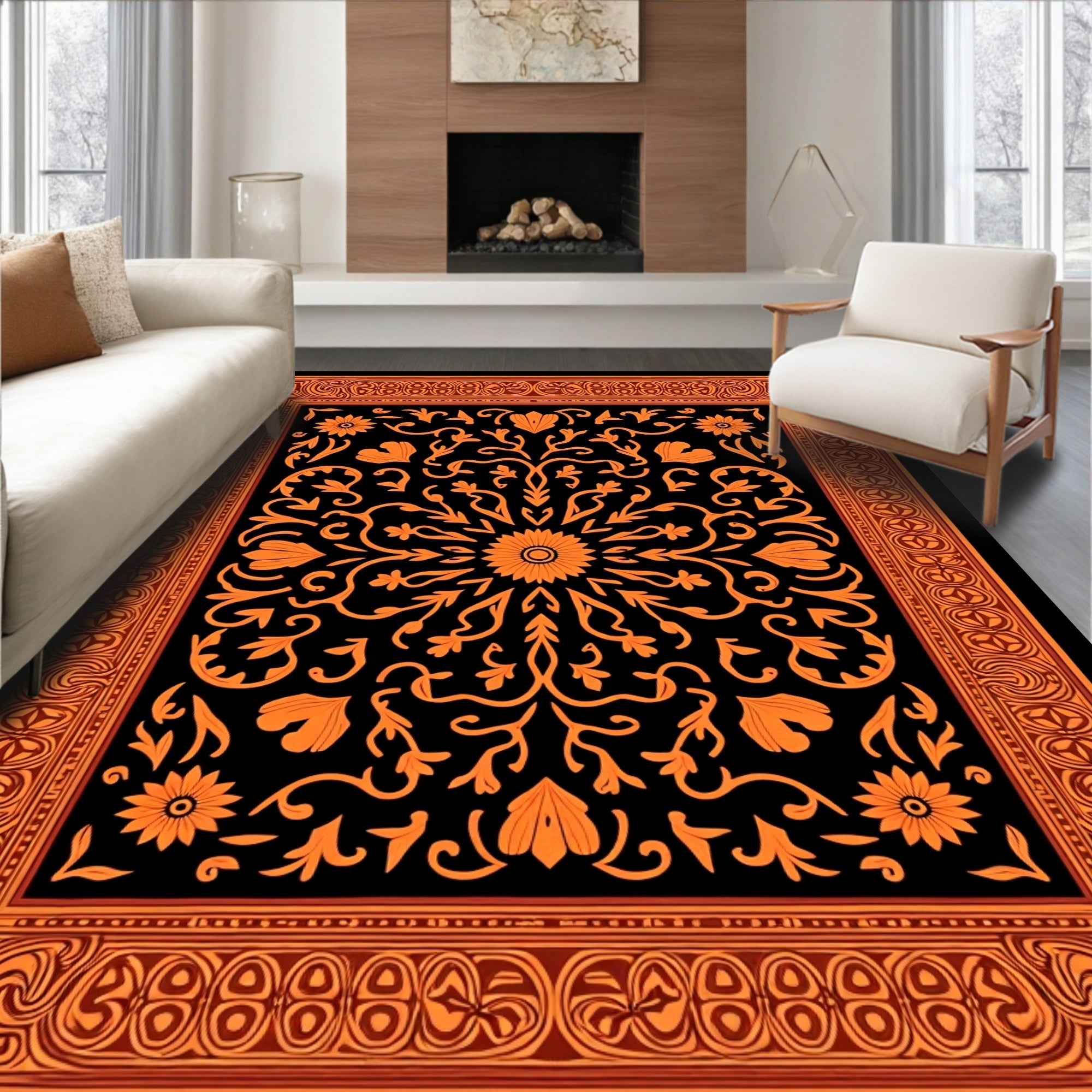 Orange Floral Medallion Border Rug