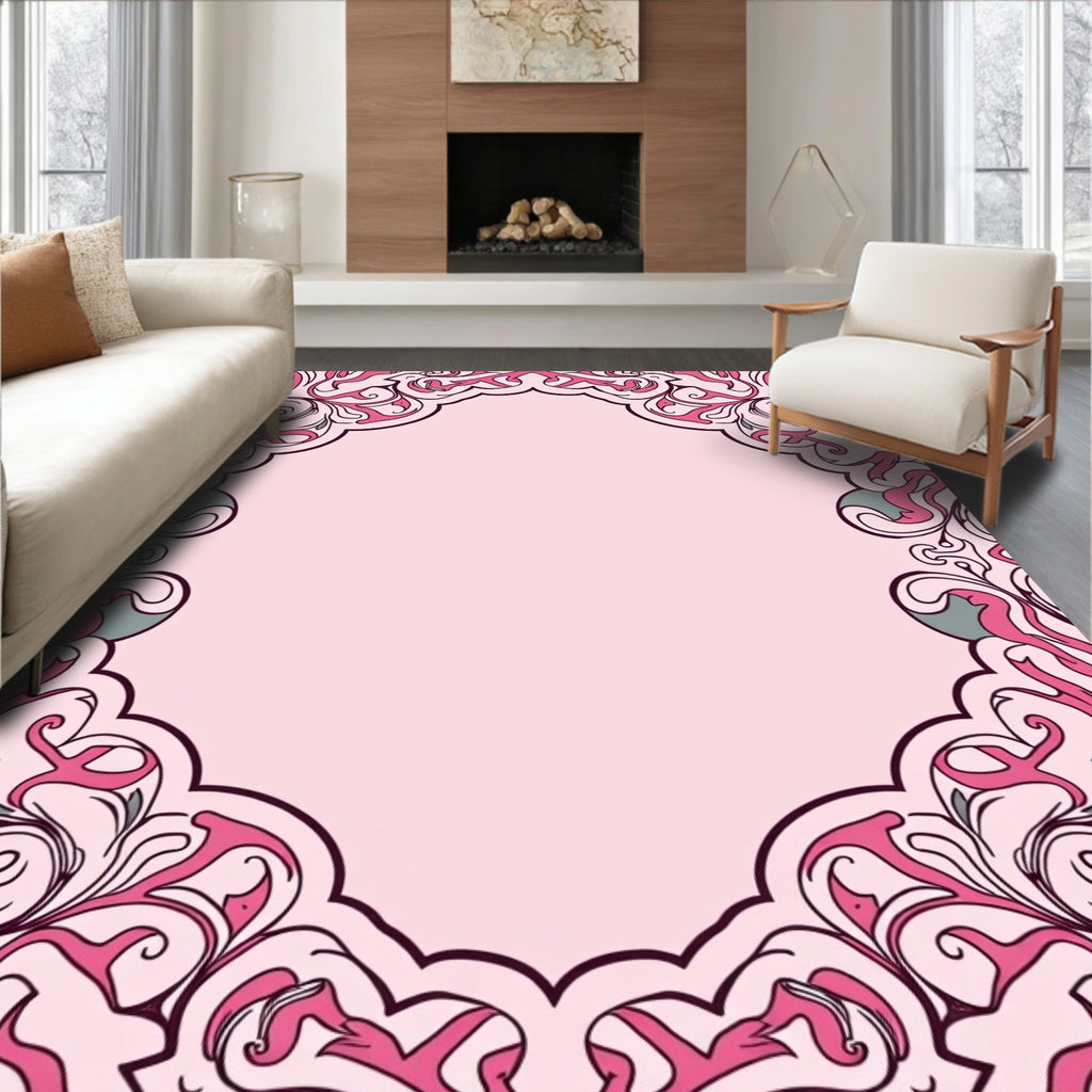 Ornate Pink Floral Scrollwork Design Rug