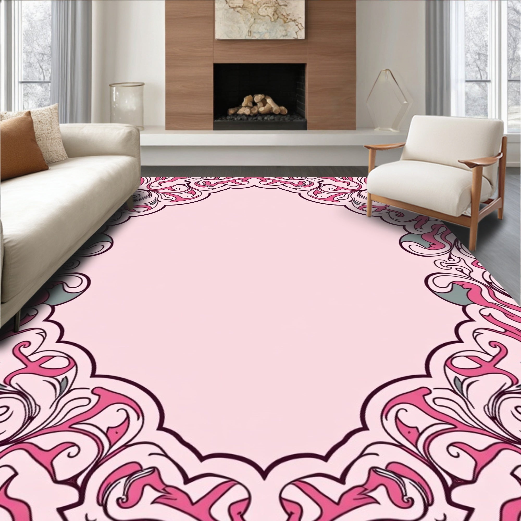 Ornate Pink Floral Scrollwork Design Rug