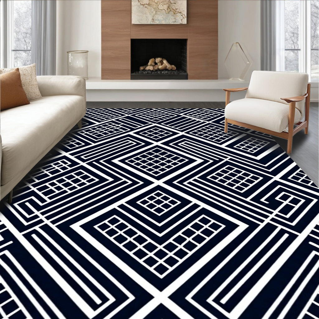 Chic Black White Interlocking Geometric Rug