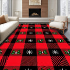 Red Black Buffalo Plaid Holly Snowflakes Rug