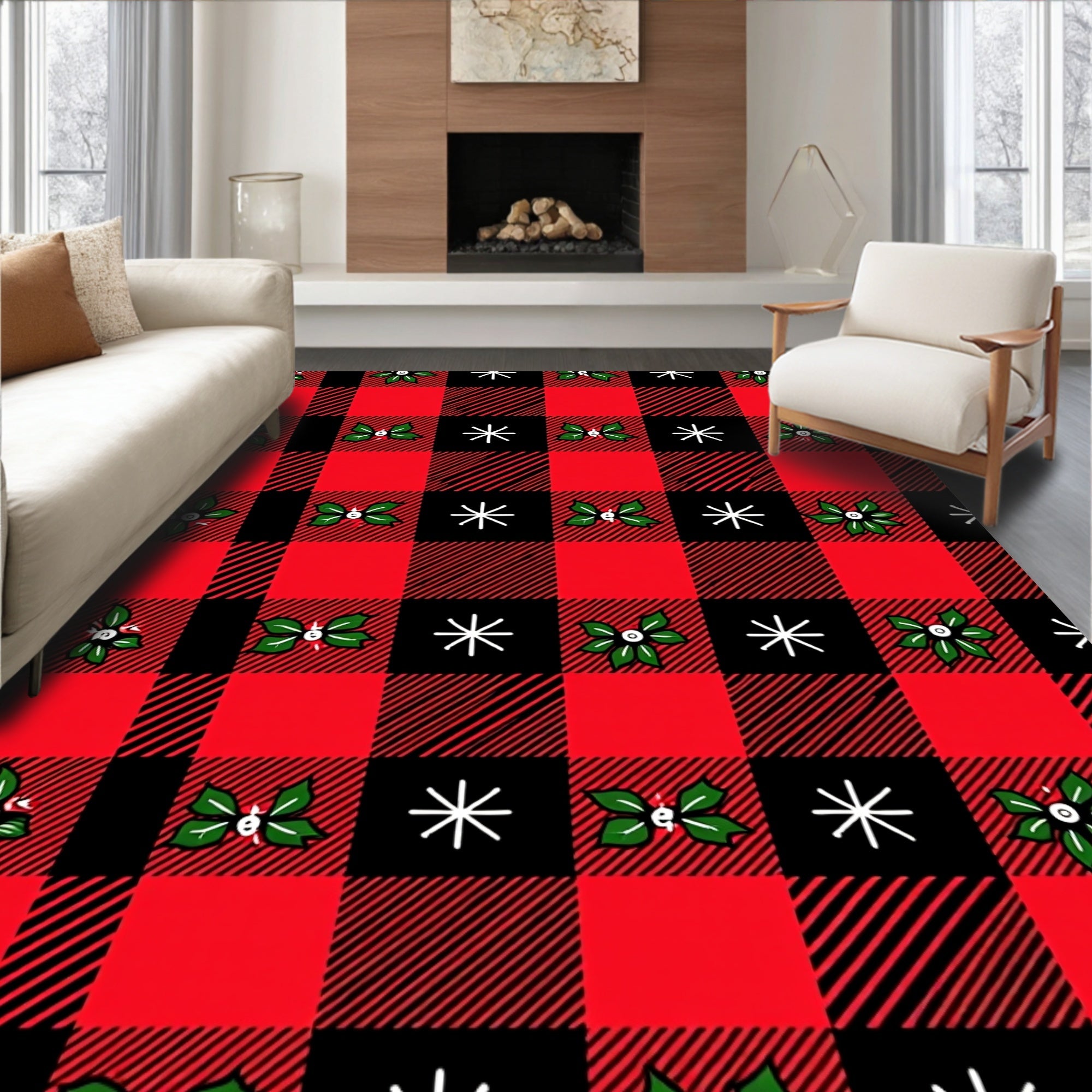Red Black Buffalo Plaid Holly Snowflakes Rug