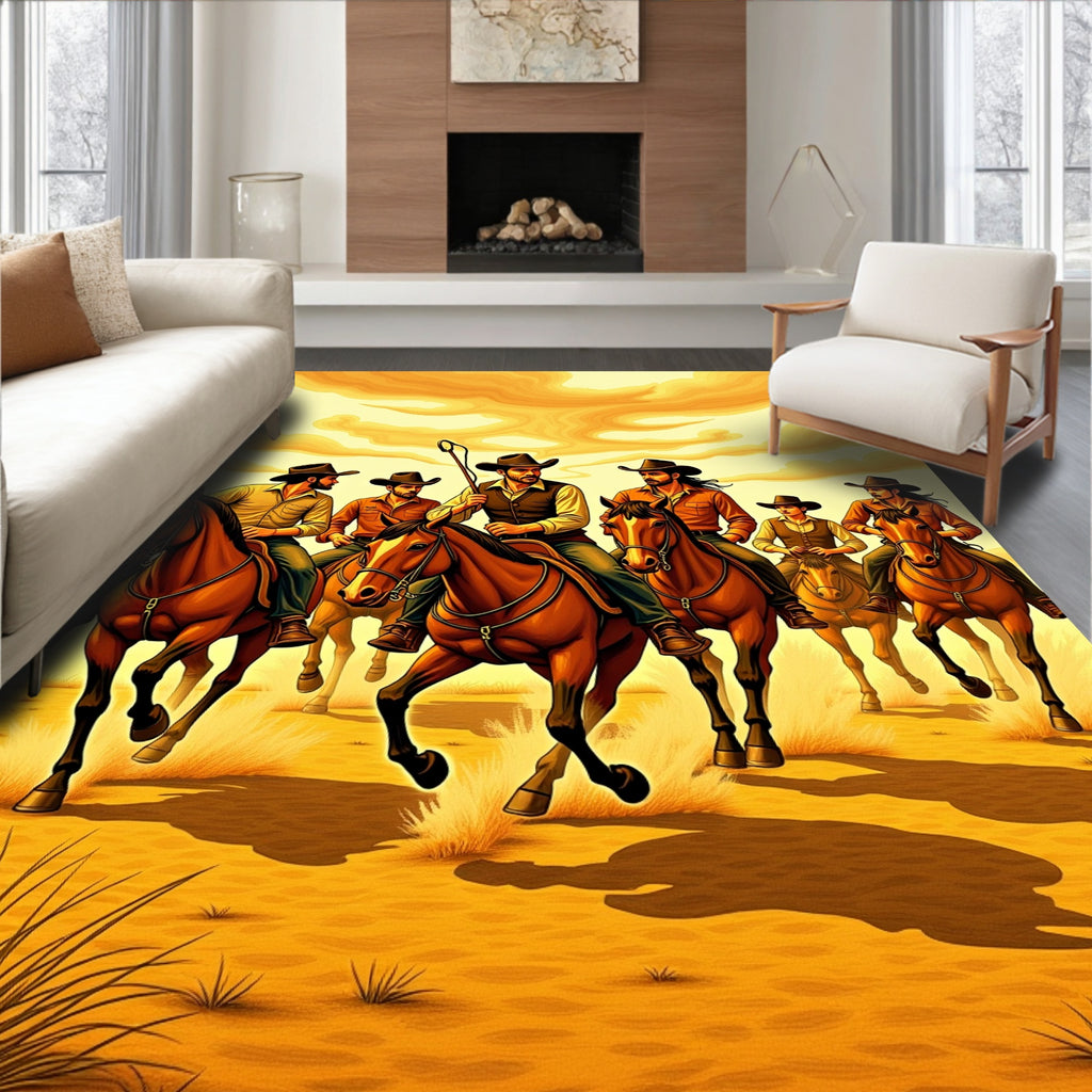 Wild West Cowboys Riding Horses Design Rug
