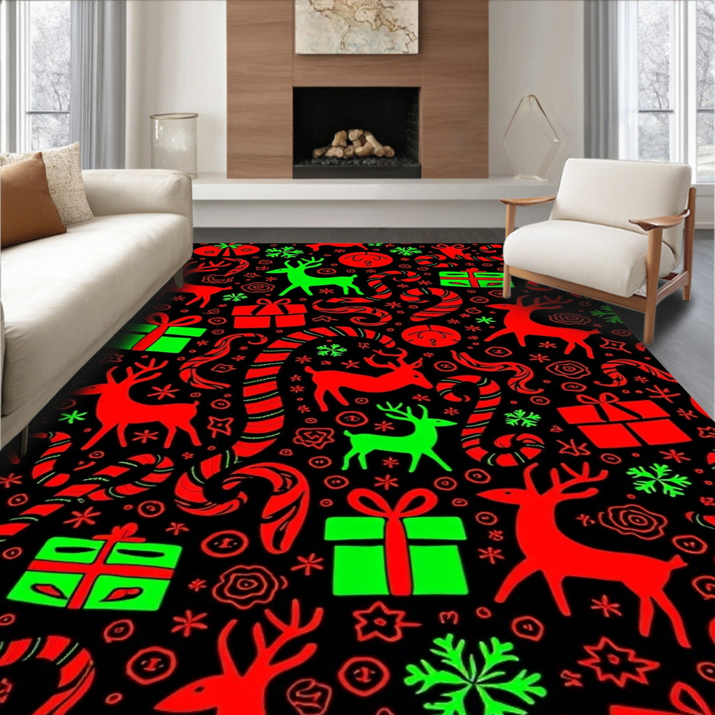 Festive Red Green Reindeer Candy Canes Rug