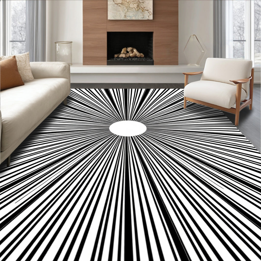Radial Burst Black White Graphic Rug