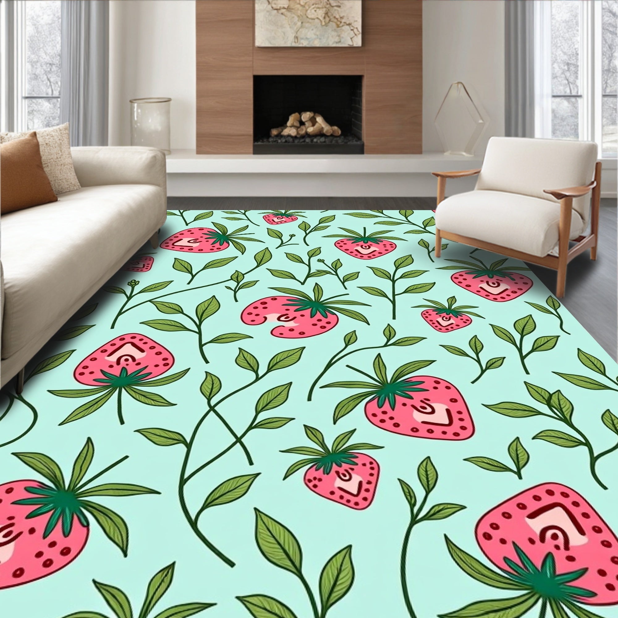 Whimsical Strawberry Leaf Pattern Rug