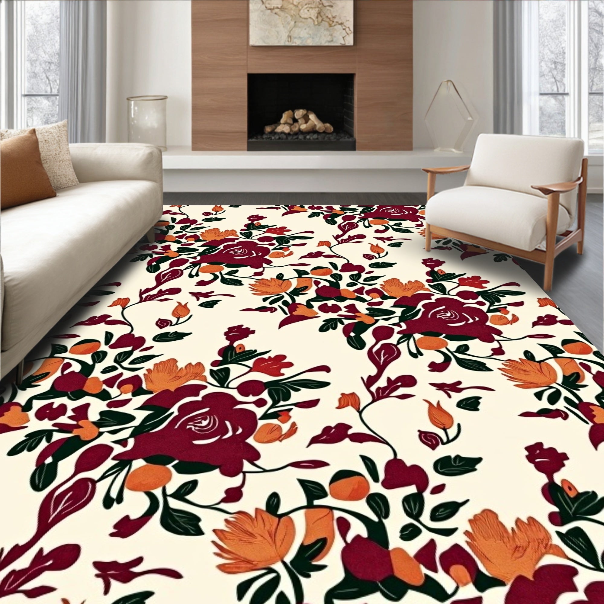 Rich Burgundy Floral Pattern Rug