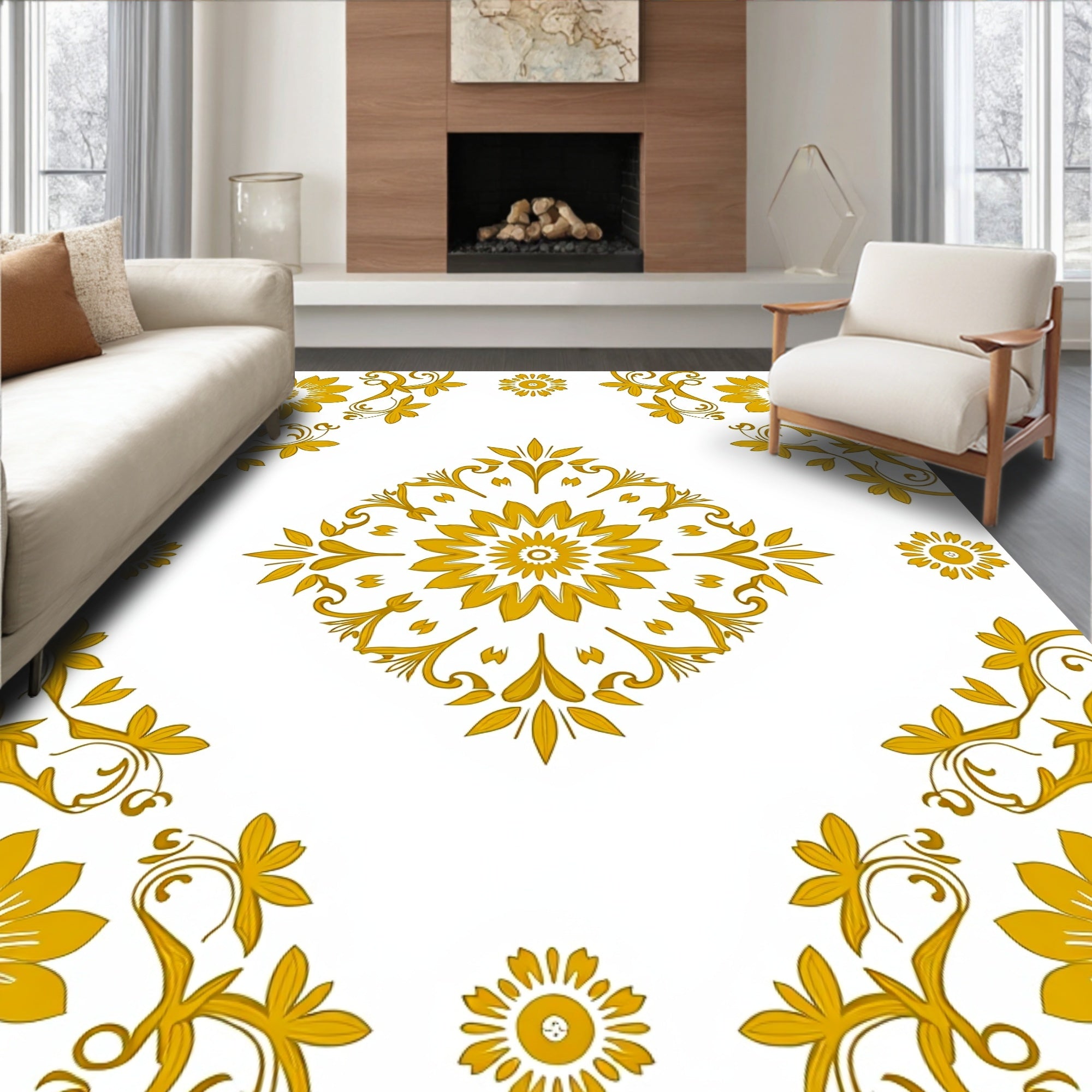Golden Floral Medallion Decorative Pattern Rug