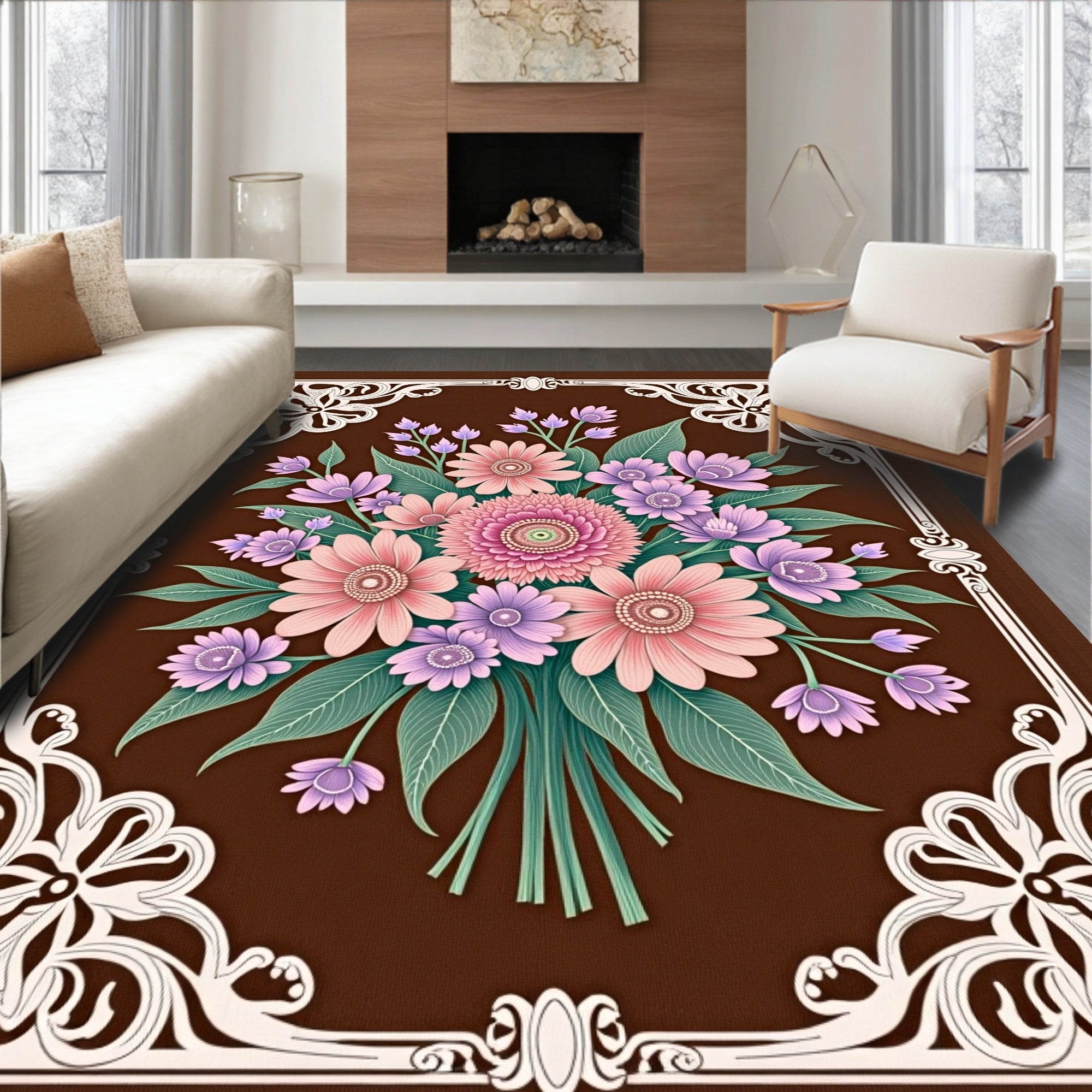 Ornate Floral Bouquet Patterned Rug