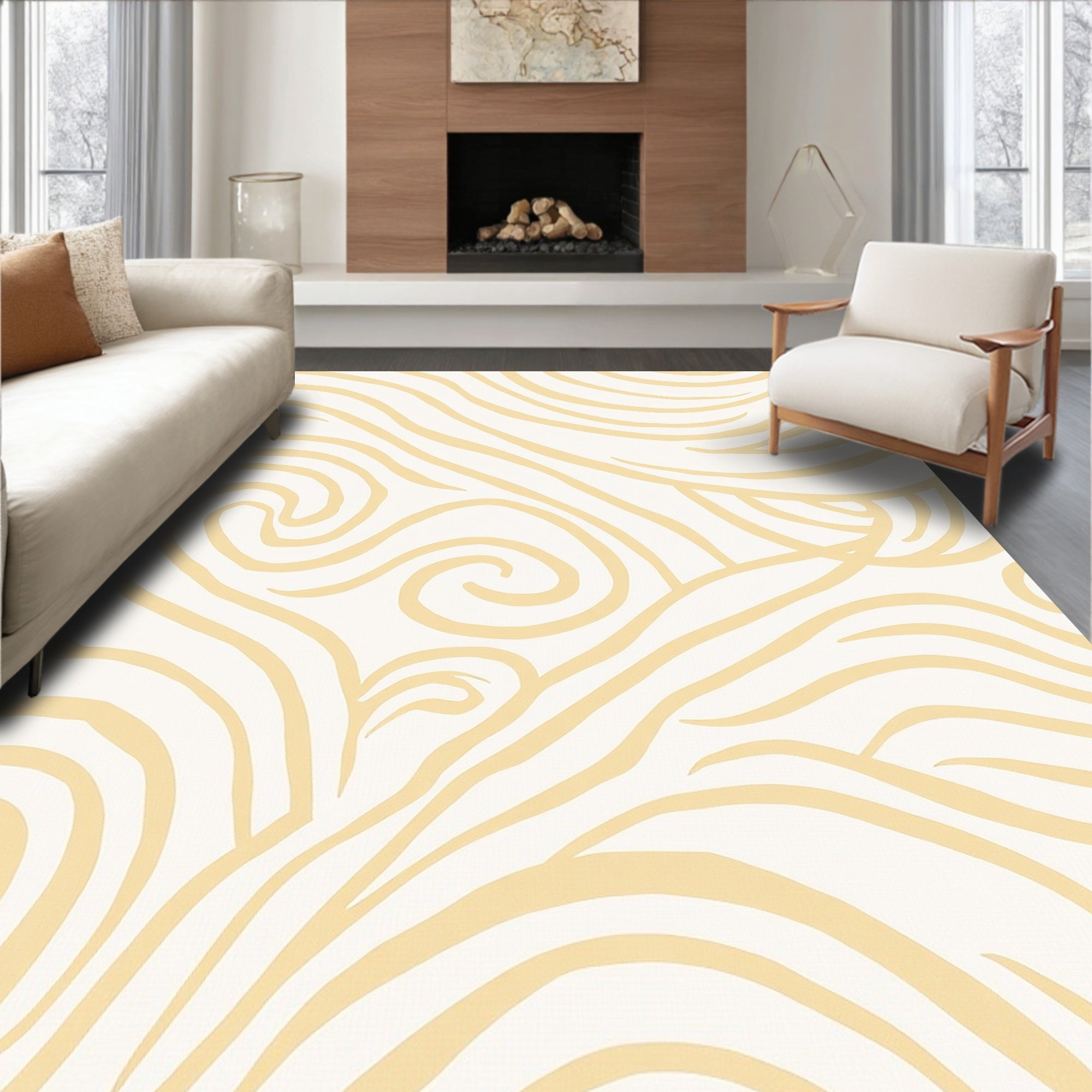 Cream and Gold Swirl Pattern Rug