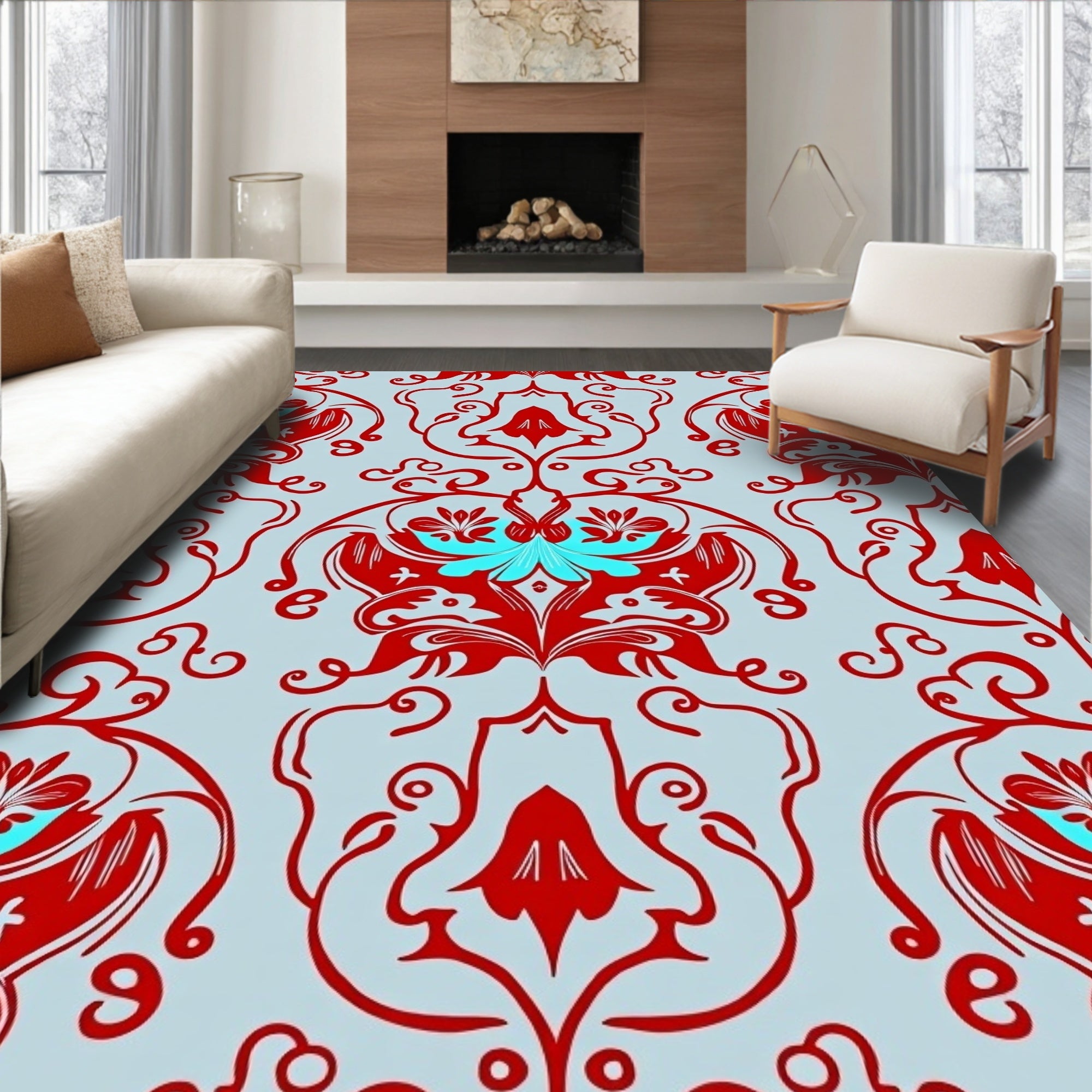 Red Blue Floral Damask Pattern Rug