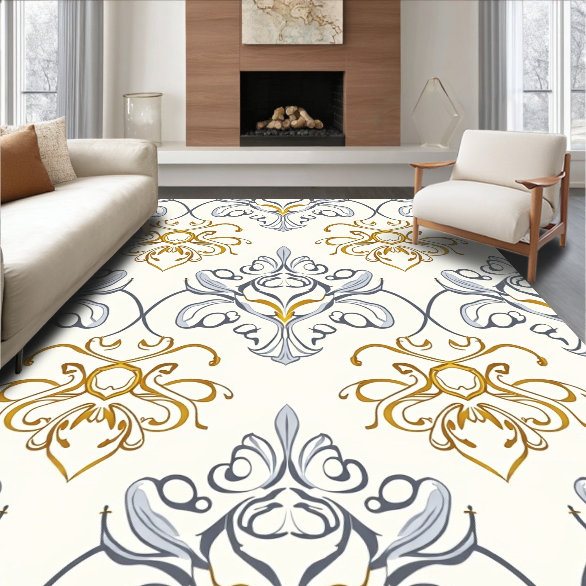 Gilded White Classic Damask Pattern Rug