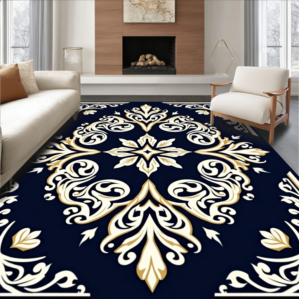 Ornamental Navy Gold Scrollwork Pattern Rug