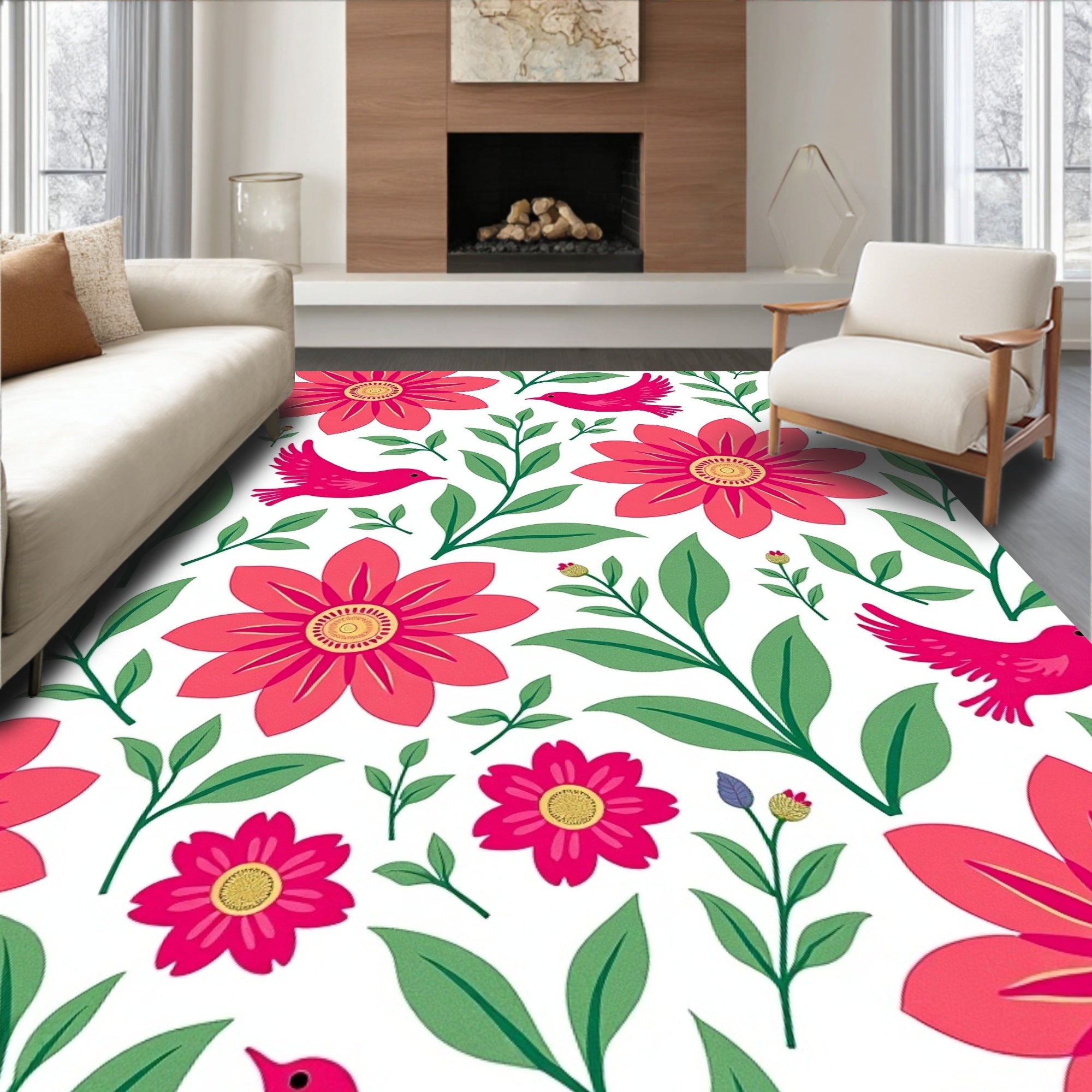 Whimsical Birds and Bold Floral Pattern Rug