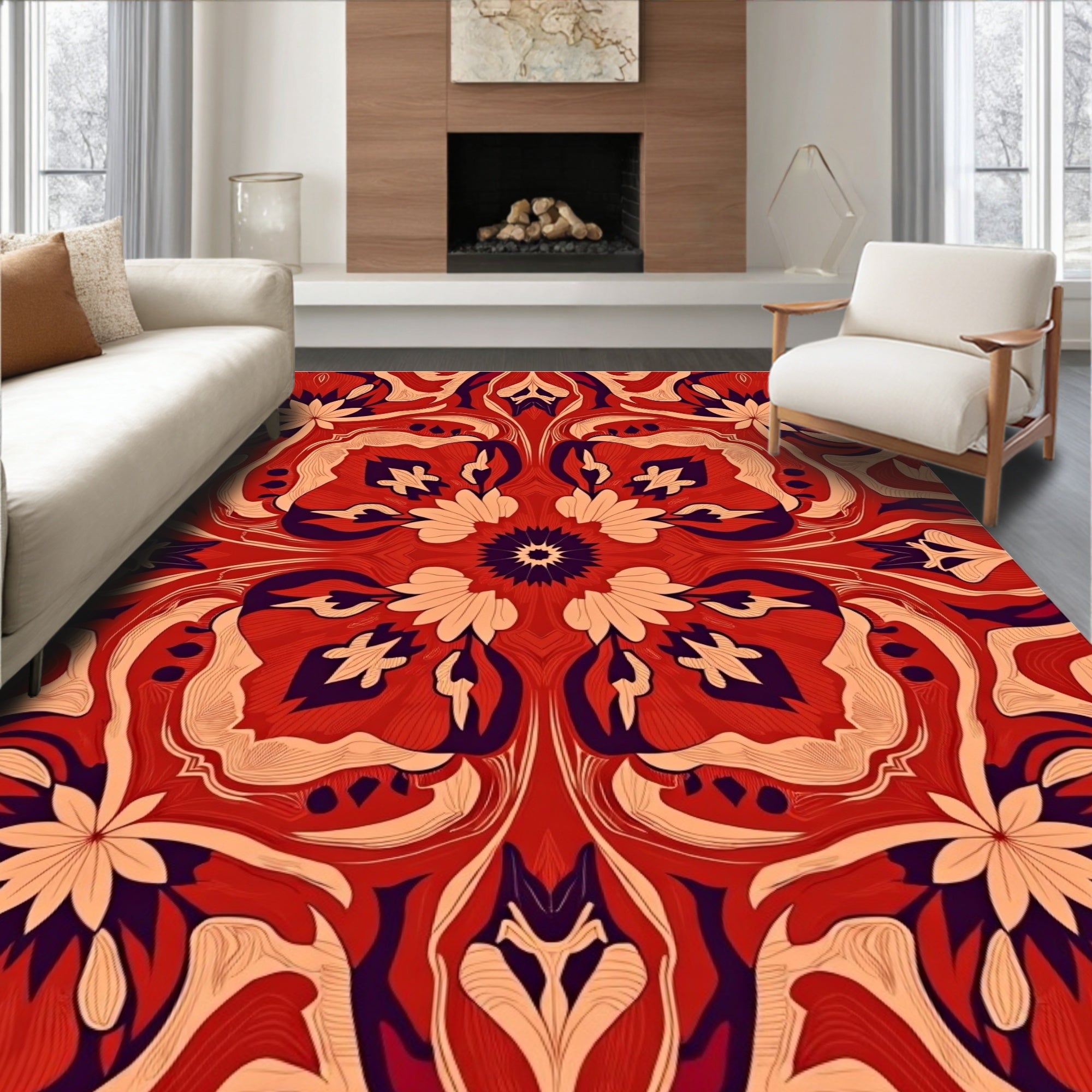 Bold Red Floral Mandala Design Rug