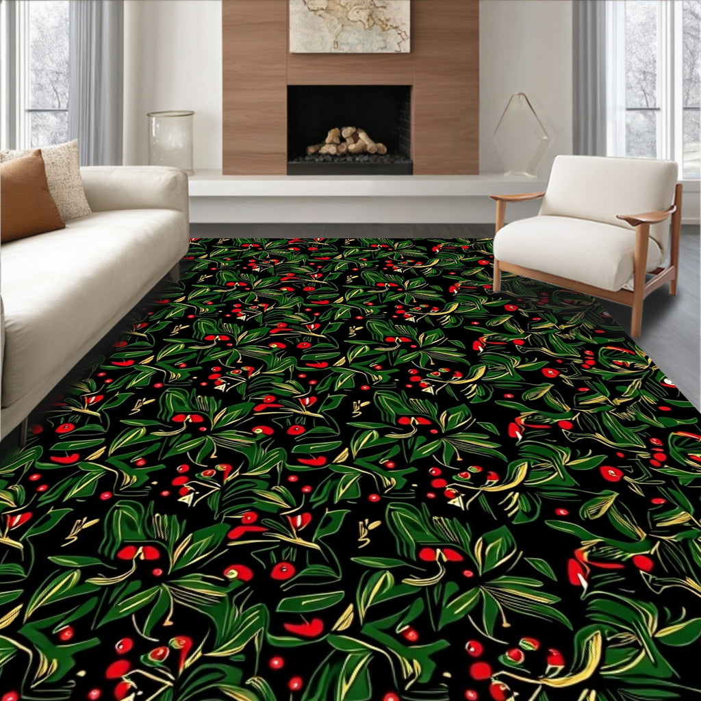 Dark Green Red Berry Foliage Rug