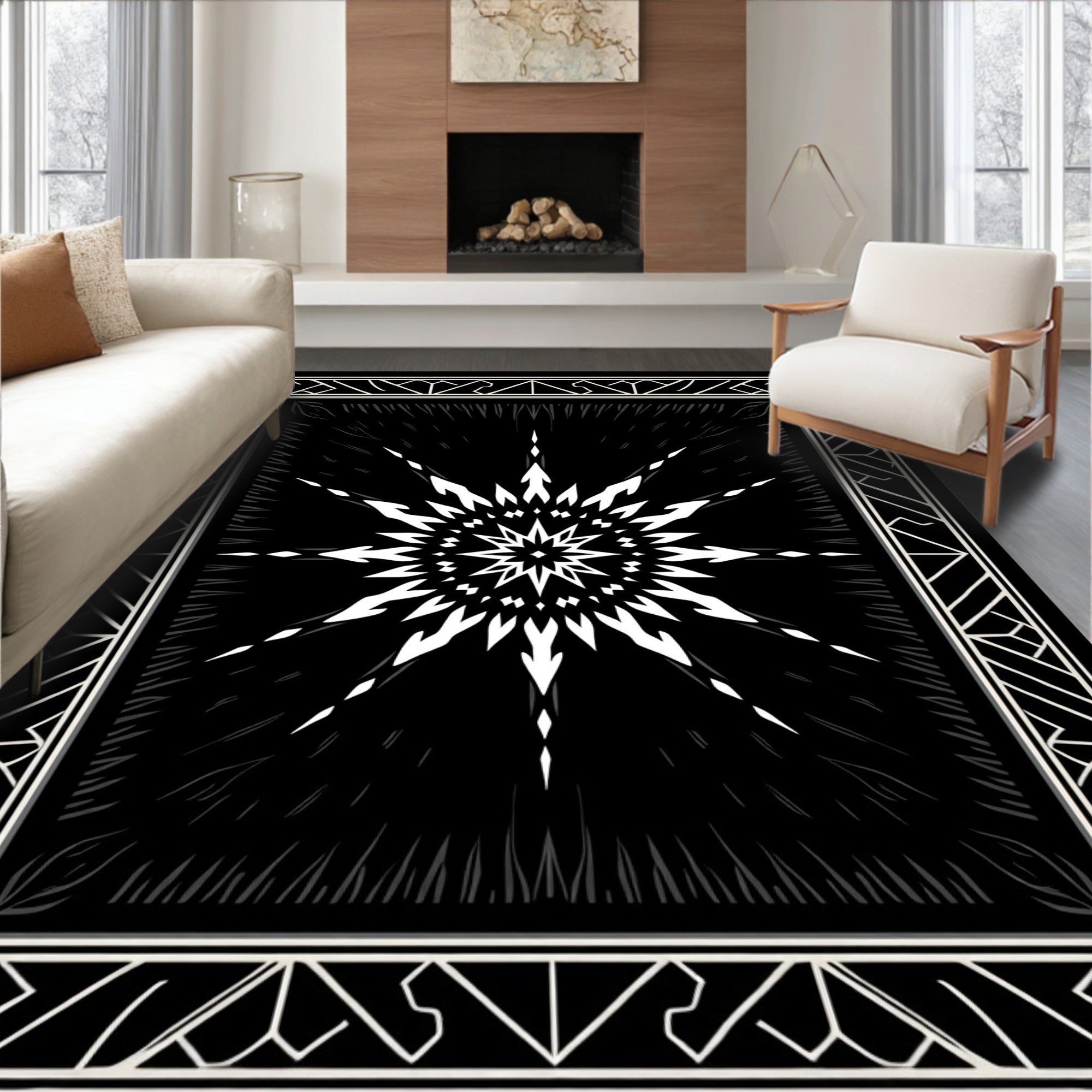 Black White Geometric Starburst Pattern Rug