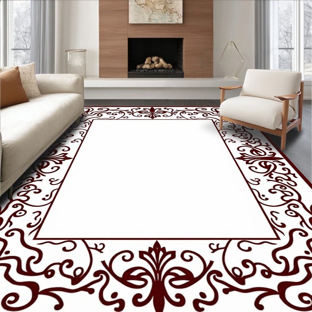 Intricate Dark Red Floral Scroll Frame Rug
