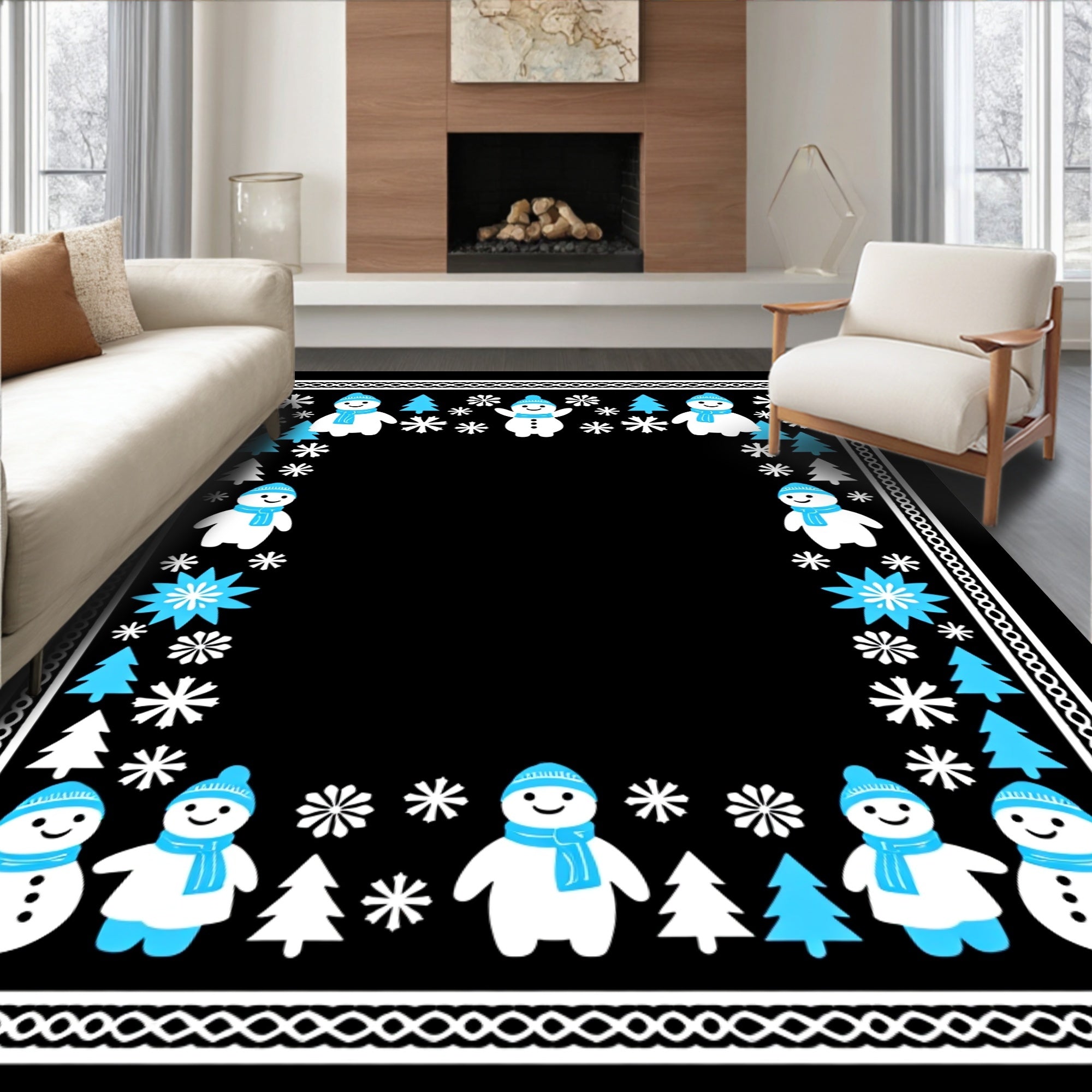 Whimsical Blue Snowman Winter Scene Rug