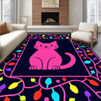 Playful Pink Cat Tropical Leaves Rug