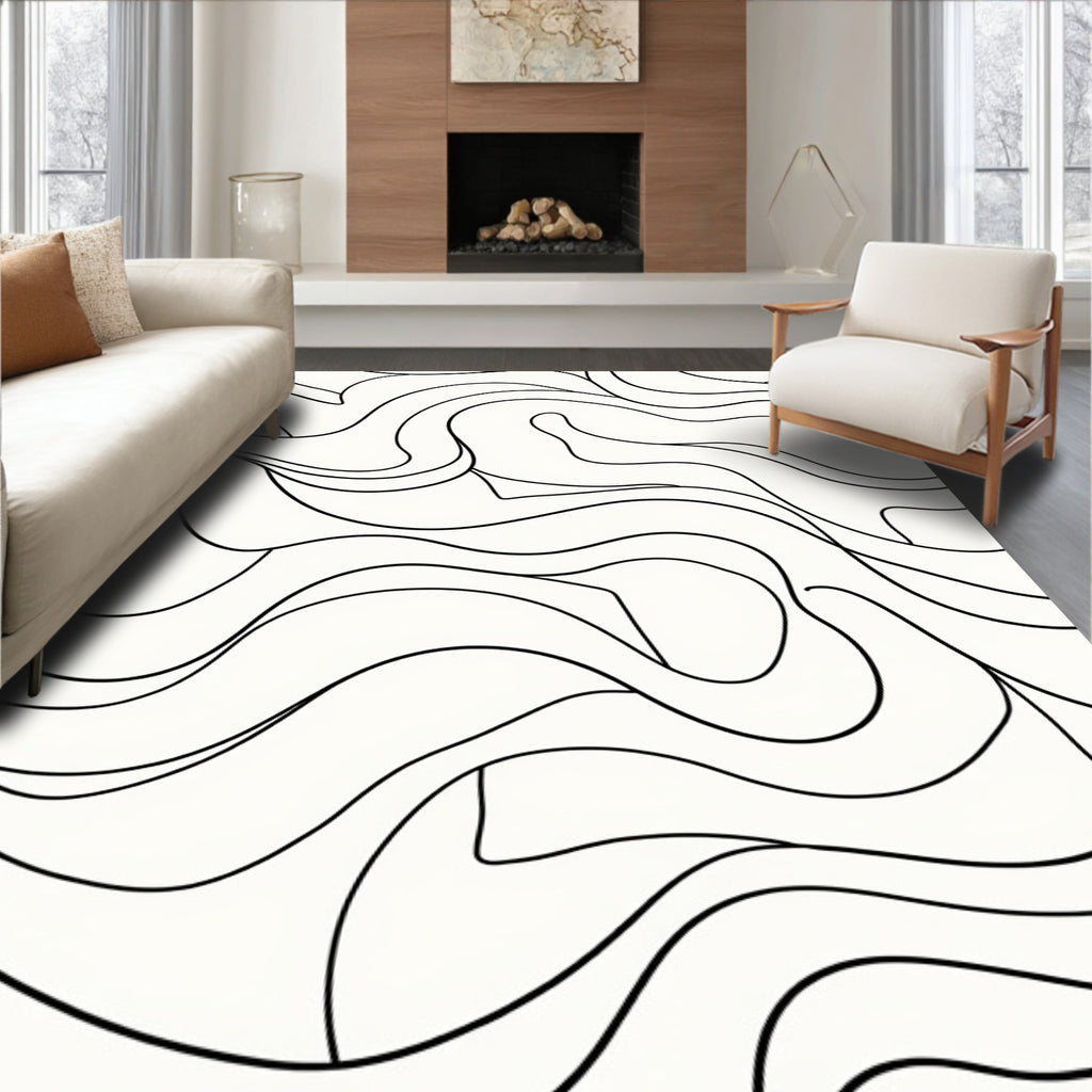 Minimalist Flowing Black Line Art Rug