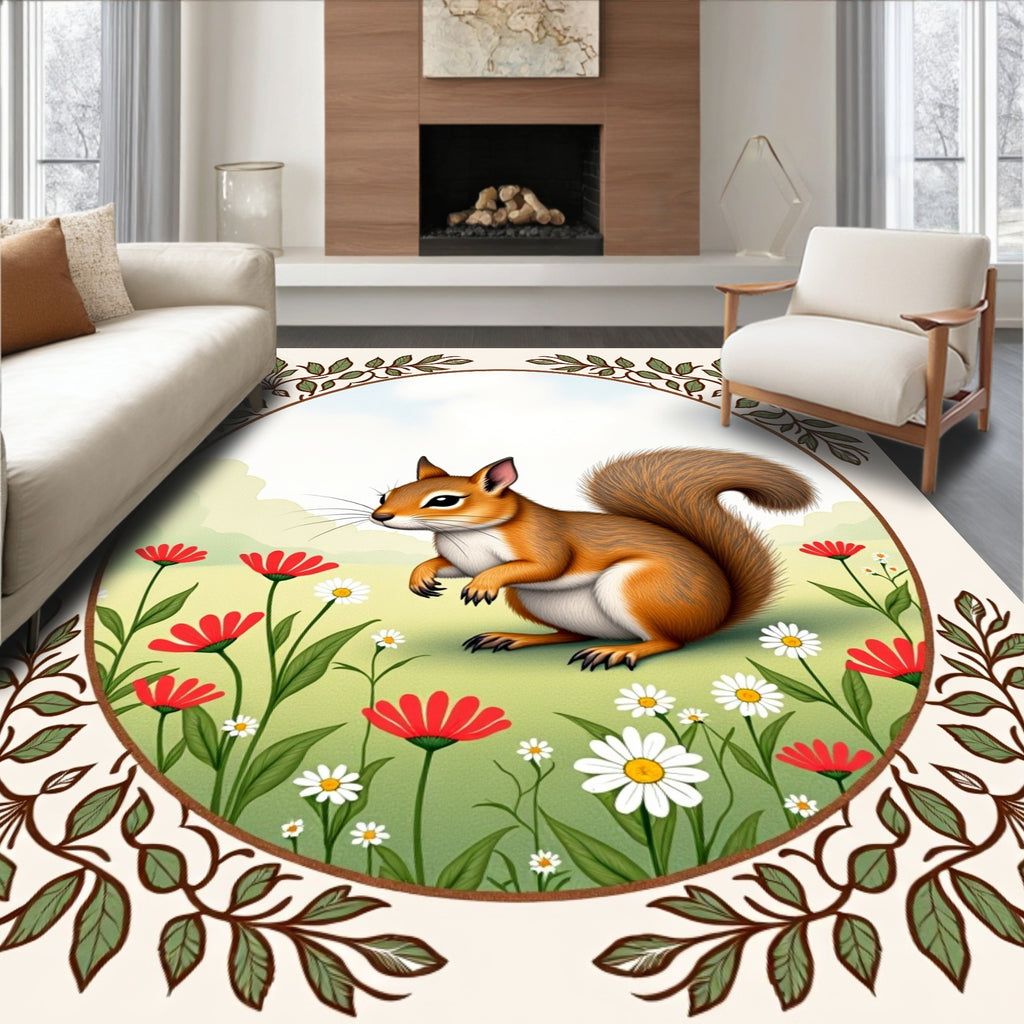 Whimsical Squirrel Floral Vintage Garden Rug