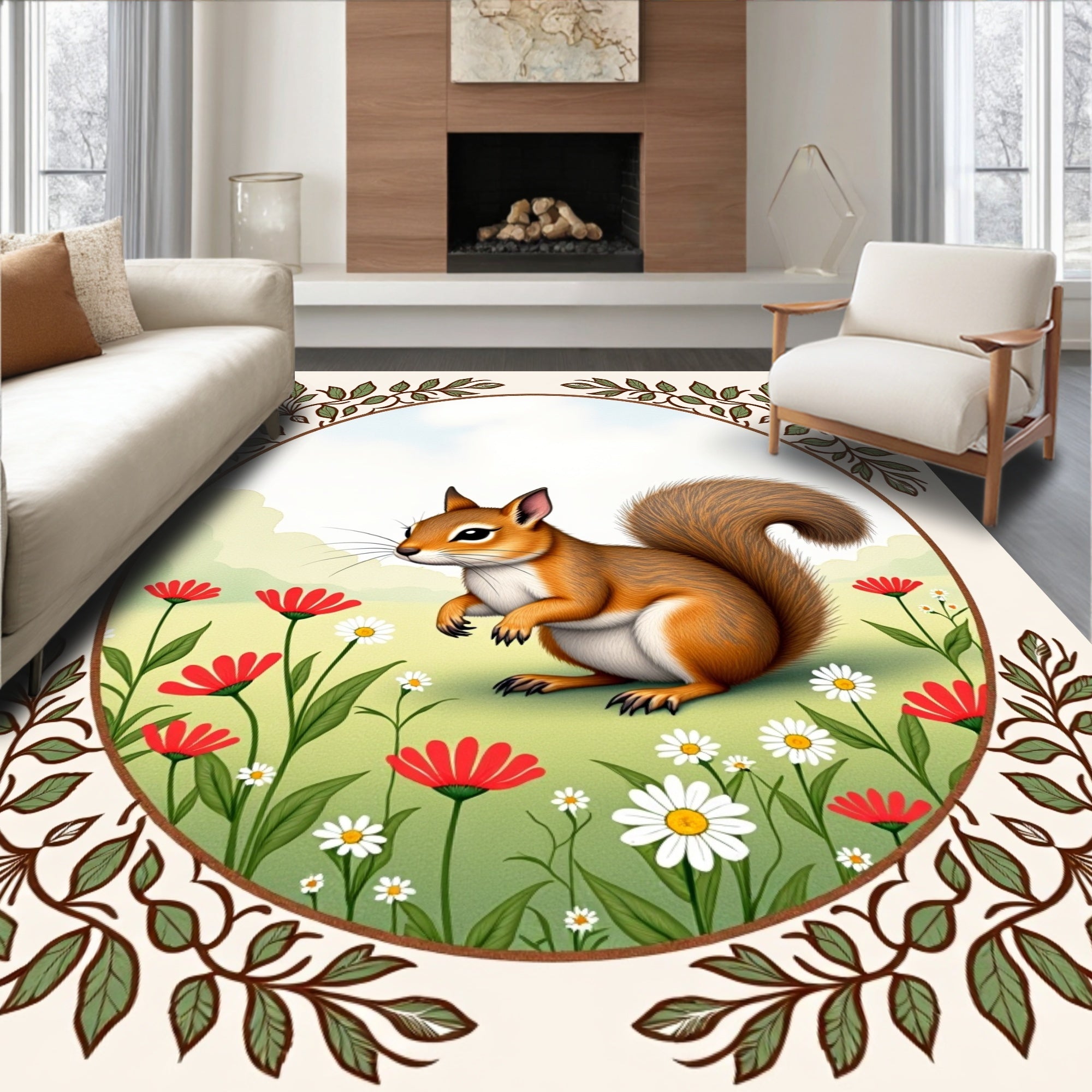 Whimsical Squirrel Floral Vintage Garden Rug