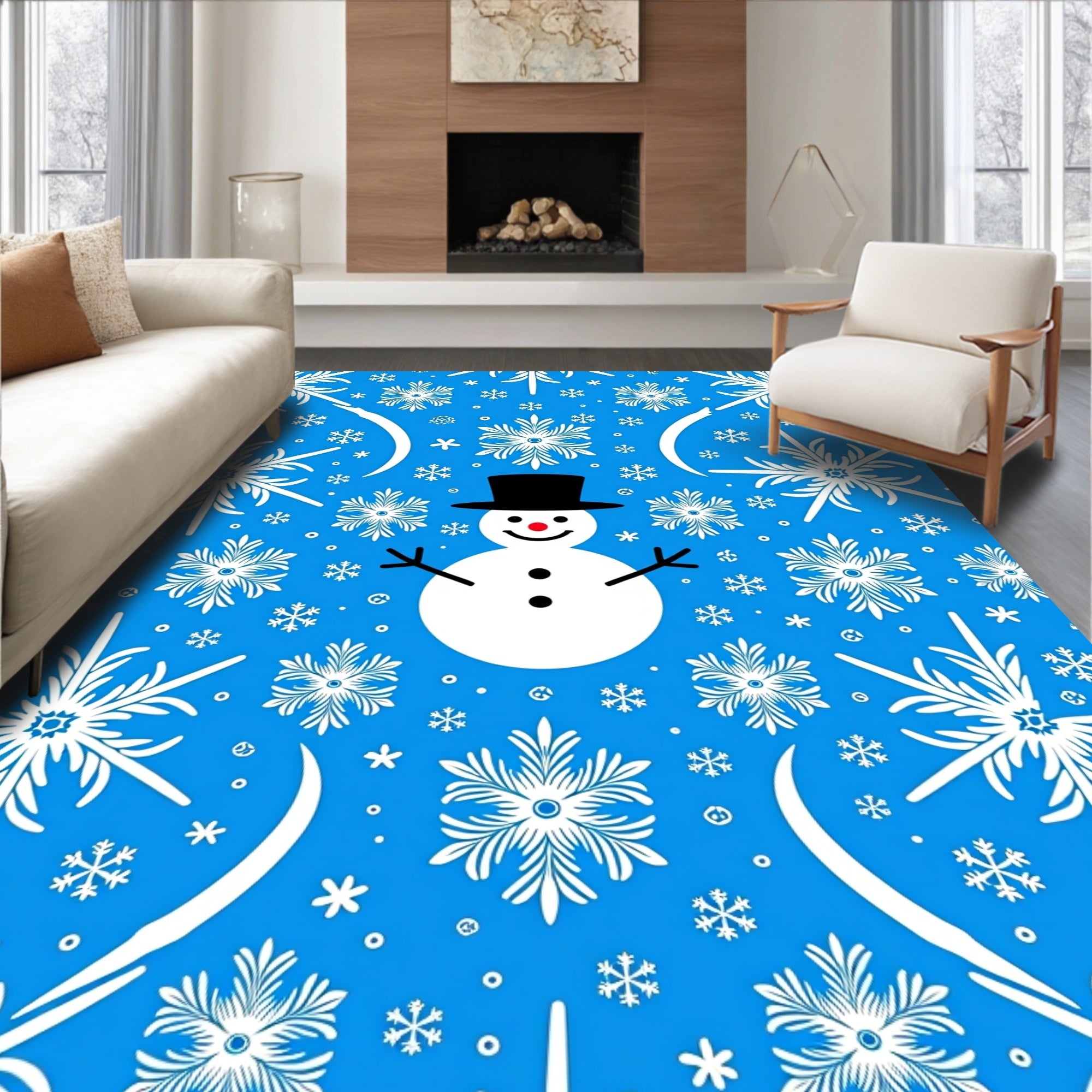 Whimsical Blue Snowman Snowflake Swirl Rug
